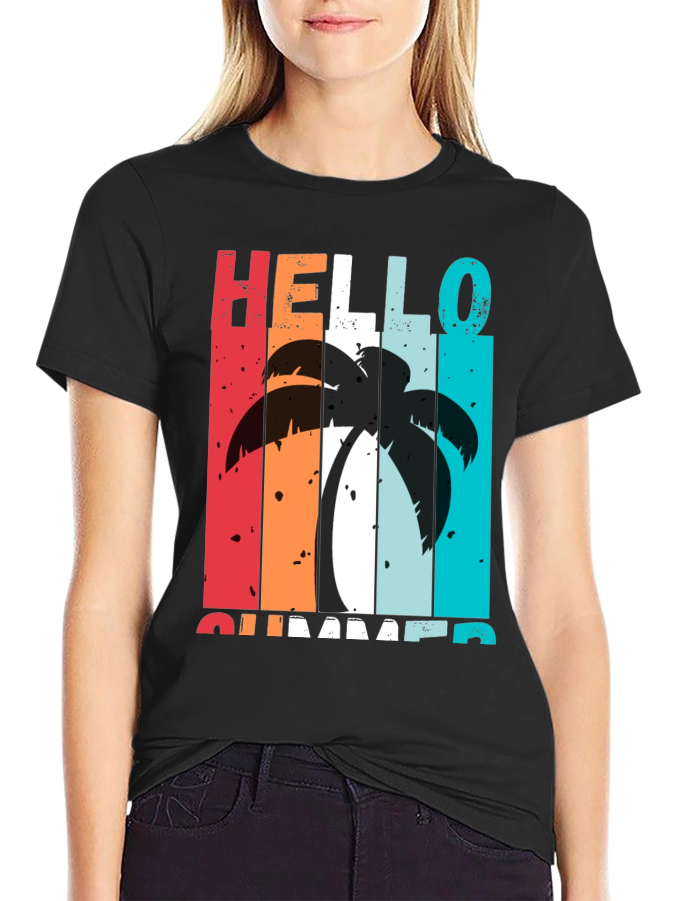 Black Hello Summer Palm Tree Graphic Tee view 2