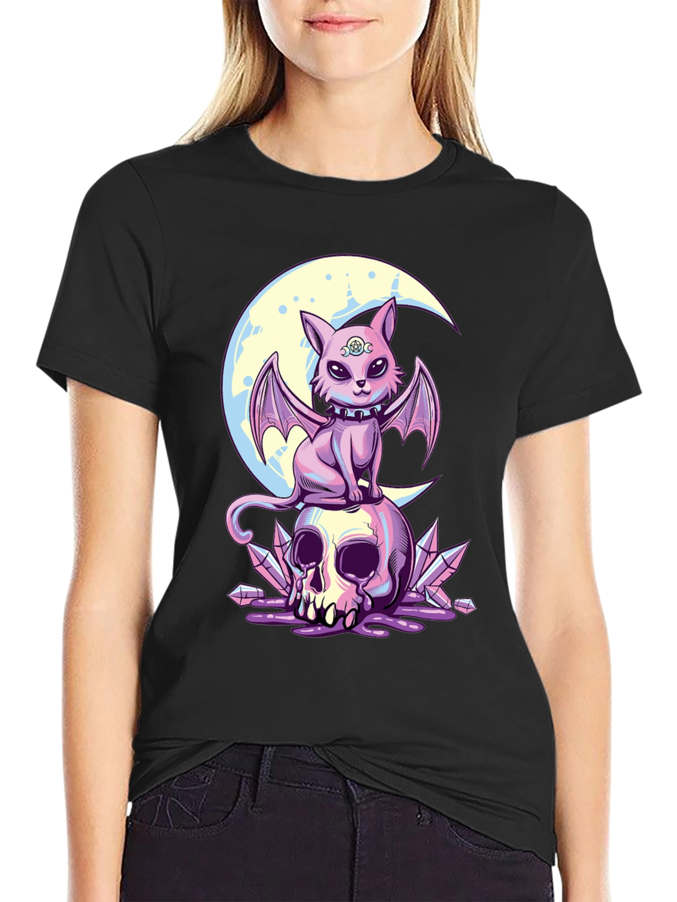 Black Skull Moon Bat Cat Graphic T-Shirt view 2