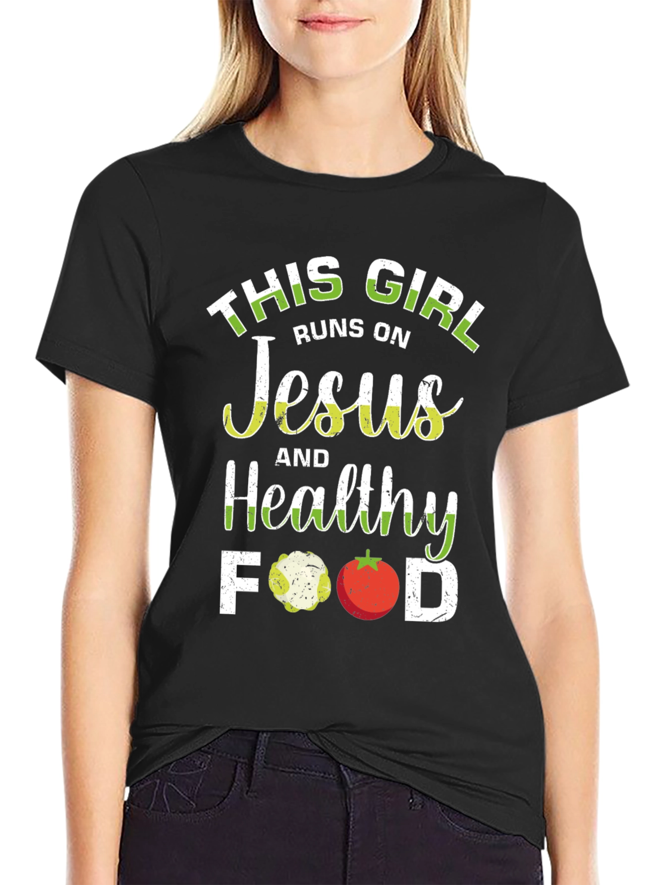 Black This Girl Runs on Jesus and Healthy Food T-Shirt view 2