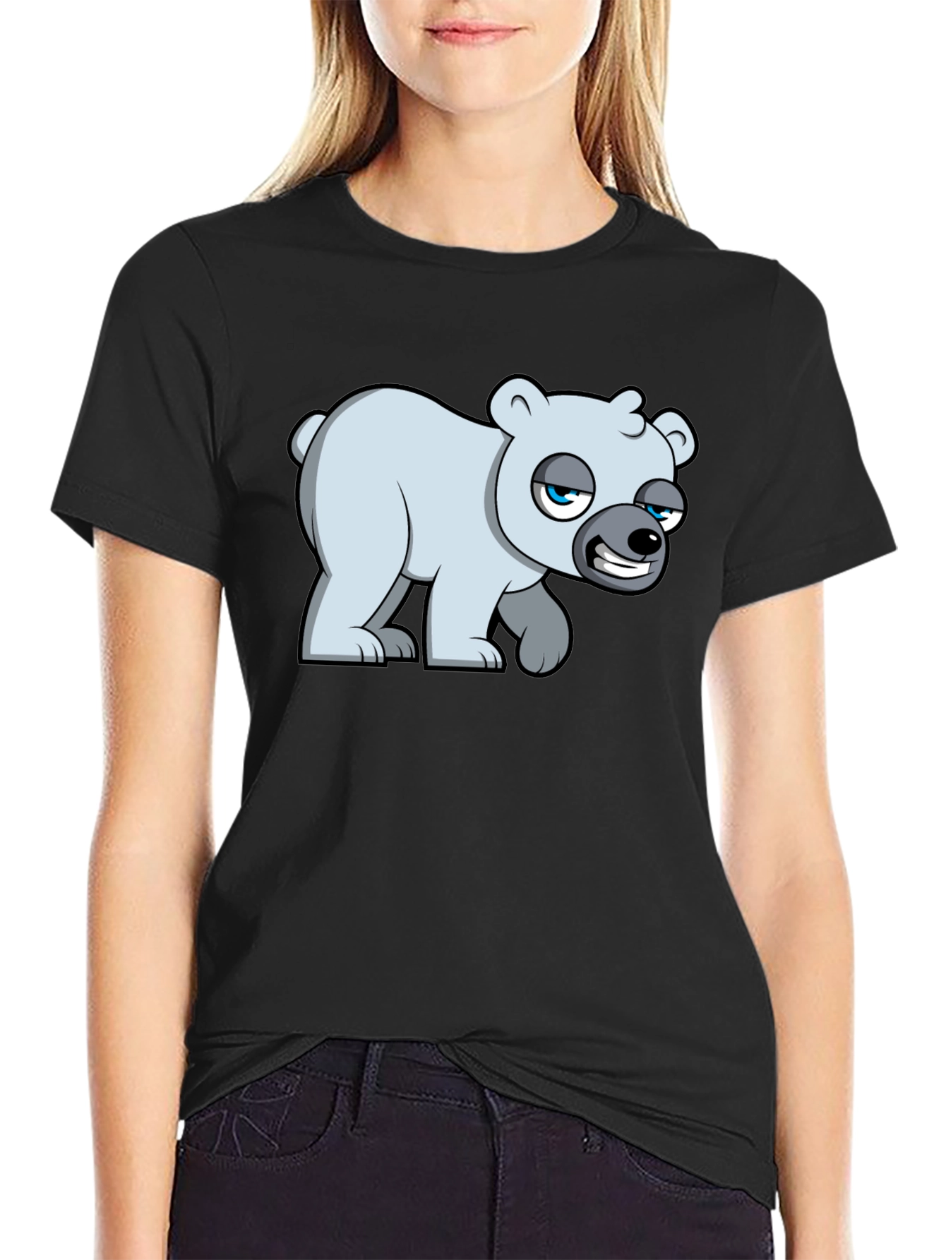 Black Cartoon Polar Bear Graphic T-Shirt - Black Cotton Blend view 2