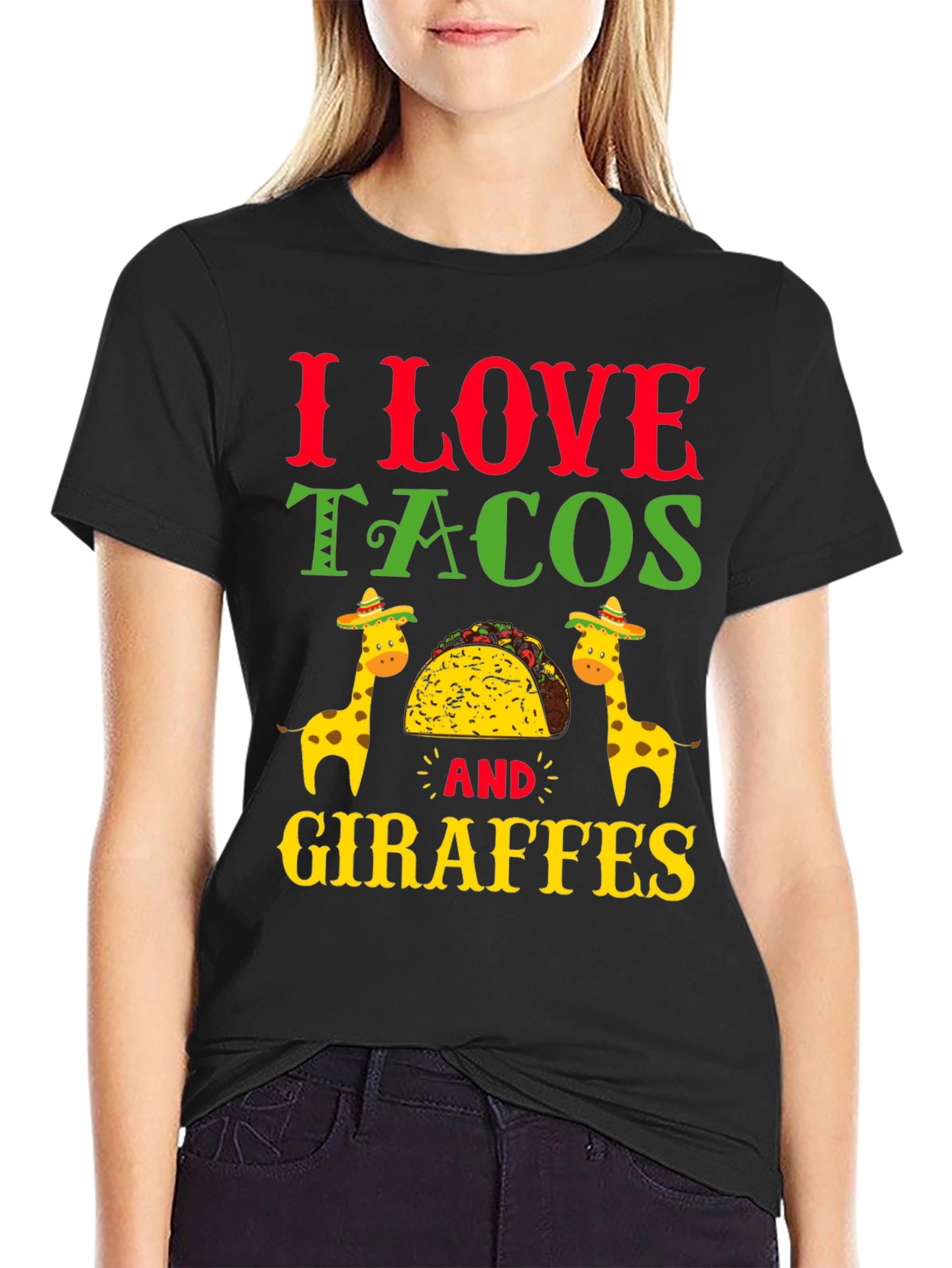 Black I Love Tacos and Giraffes T-Shirt view 2
