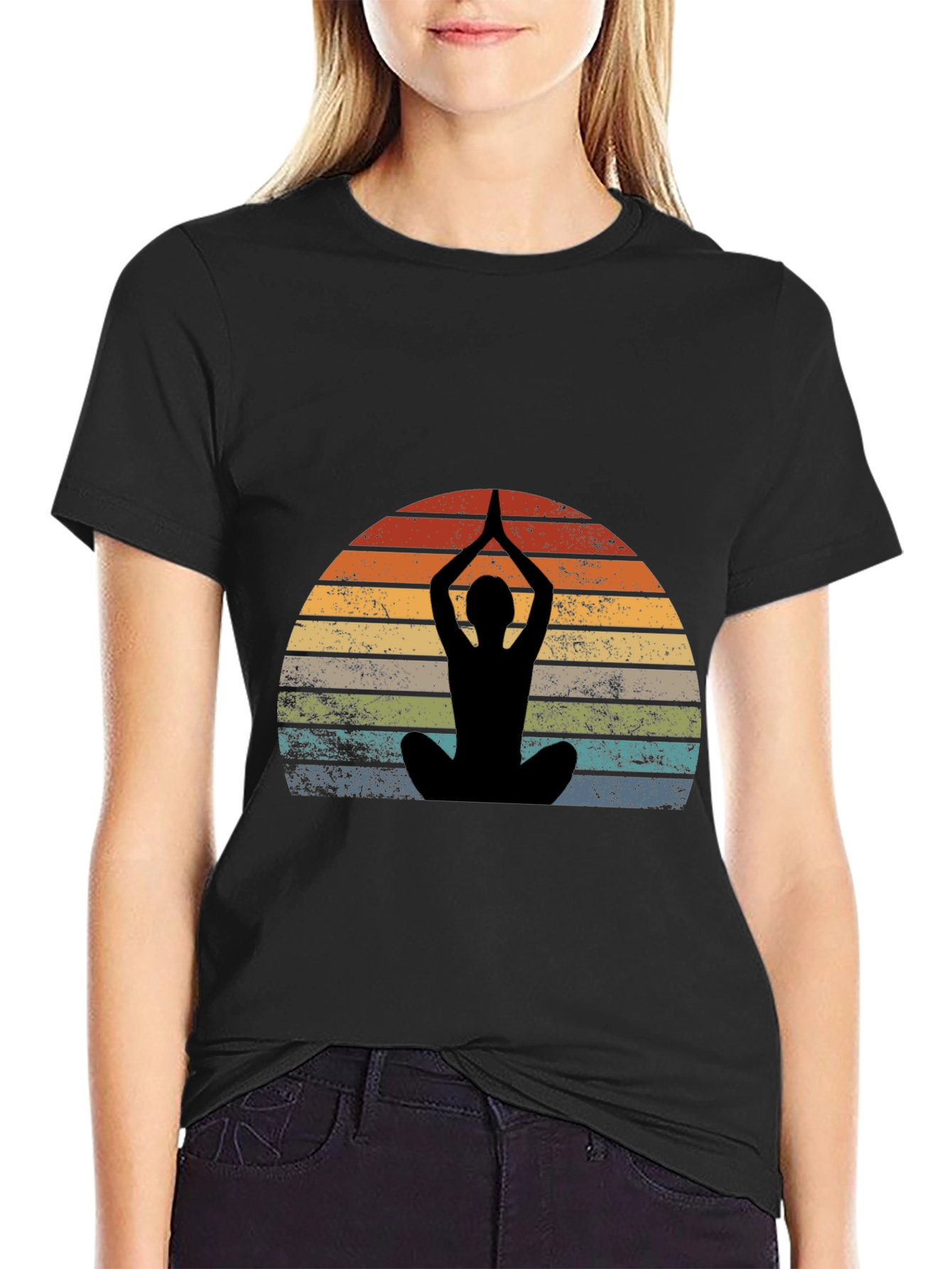 Black Yoga Silhouette Sunset Graphic Tee view 2
