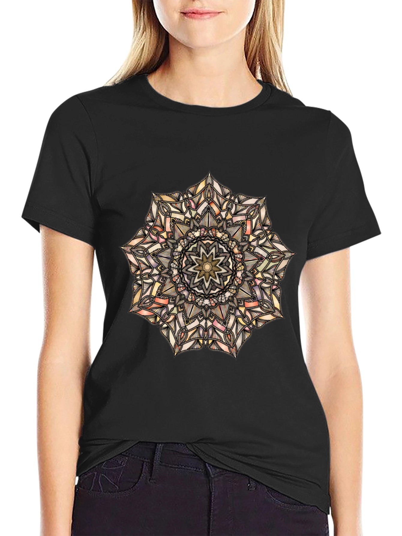 Black Mandala Print Black T-Shirt view 2
