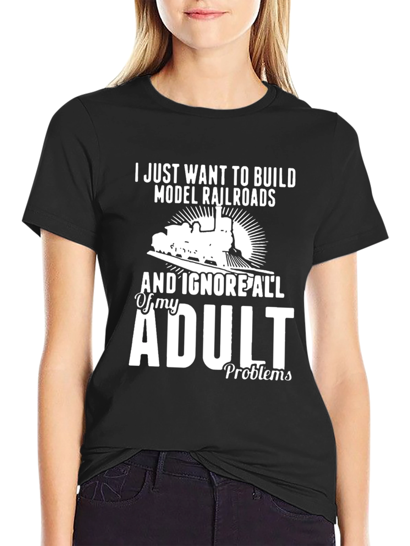 Black Model Railroads Adult Problems T-Shirt view 2