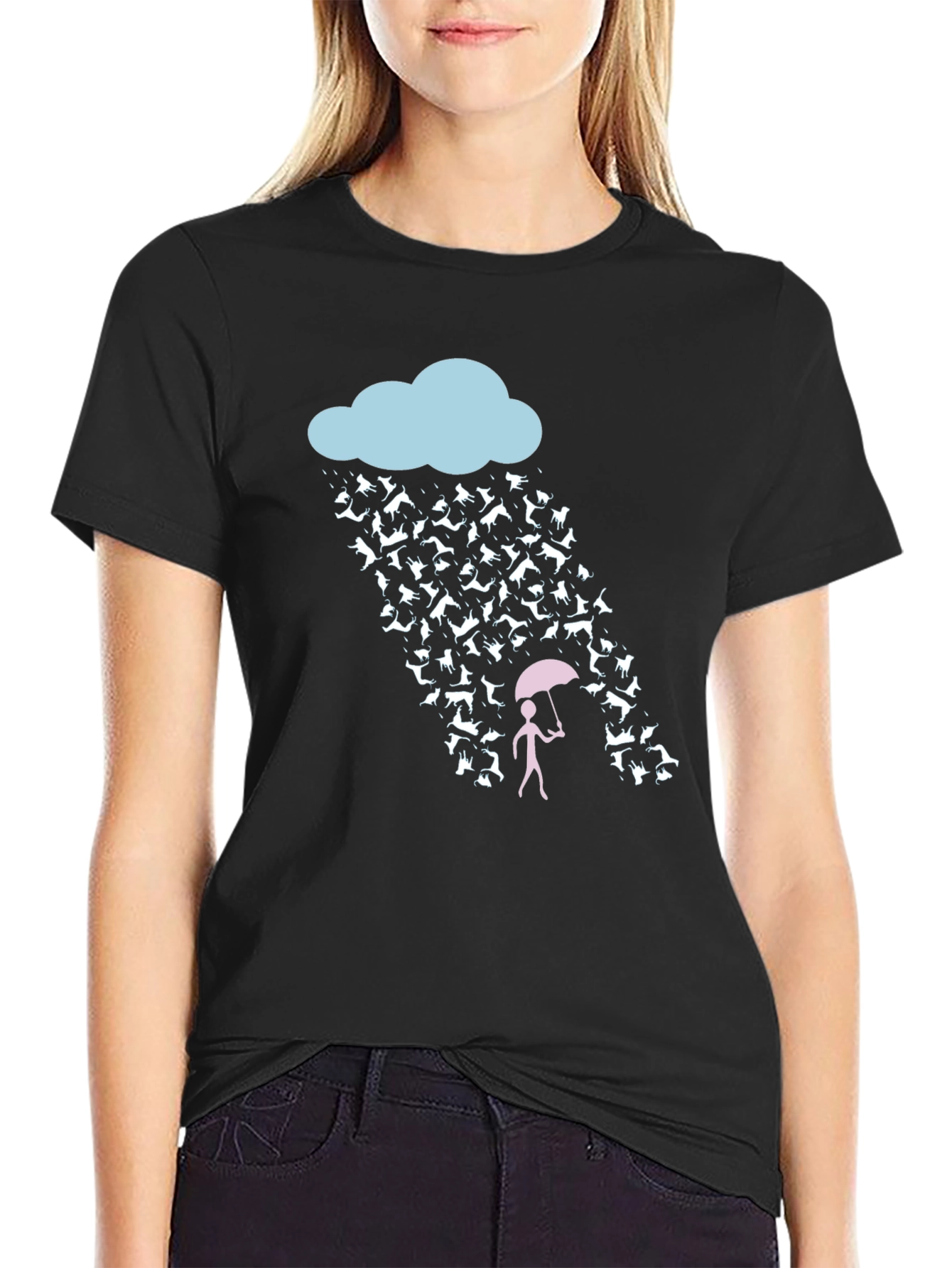 Black Raining Cats and Dogs Funny Graphic Tee view 2