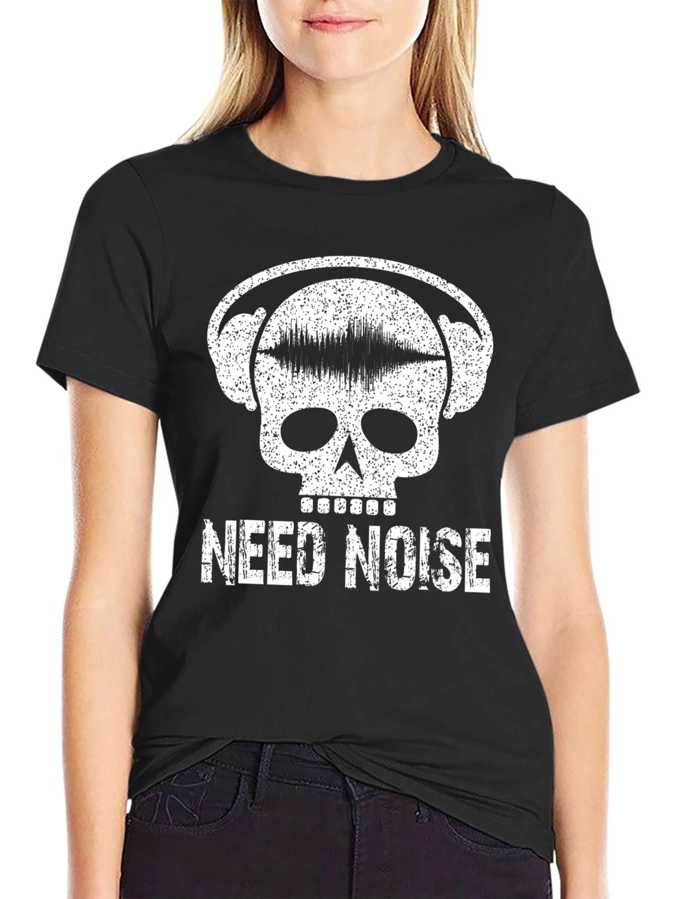 Black Need Noise T-Shirt - Skull Headphone Graphic Tee view 2