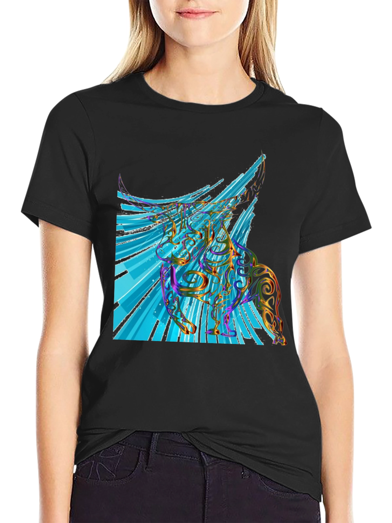 Black Abstract Unicorn Graphic Print Tee view 2