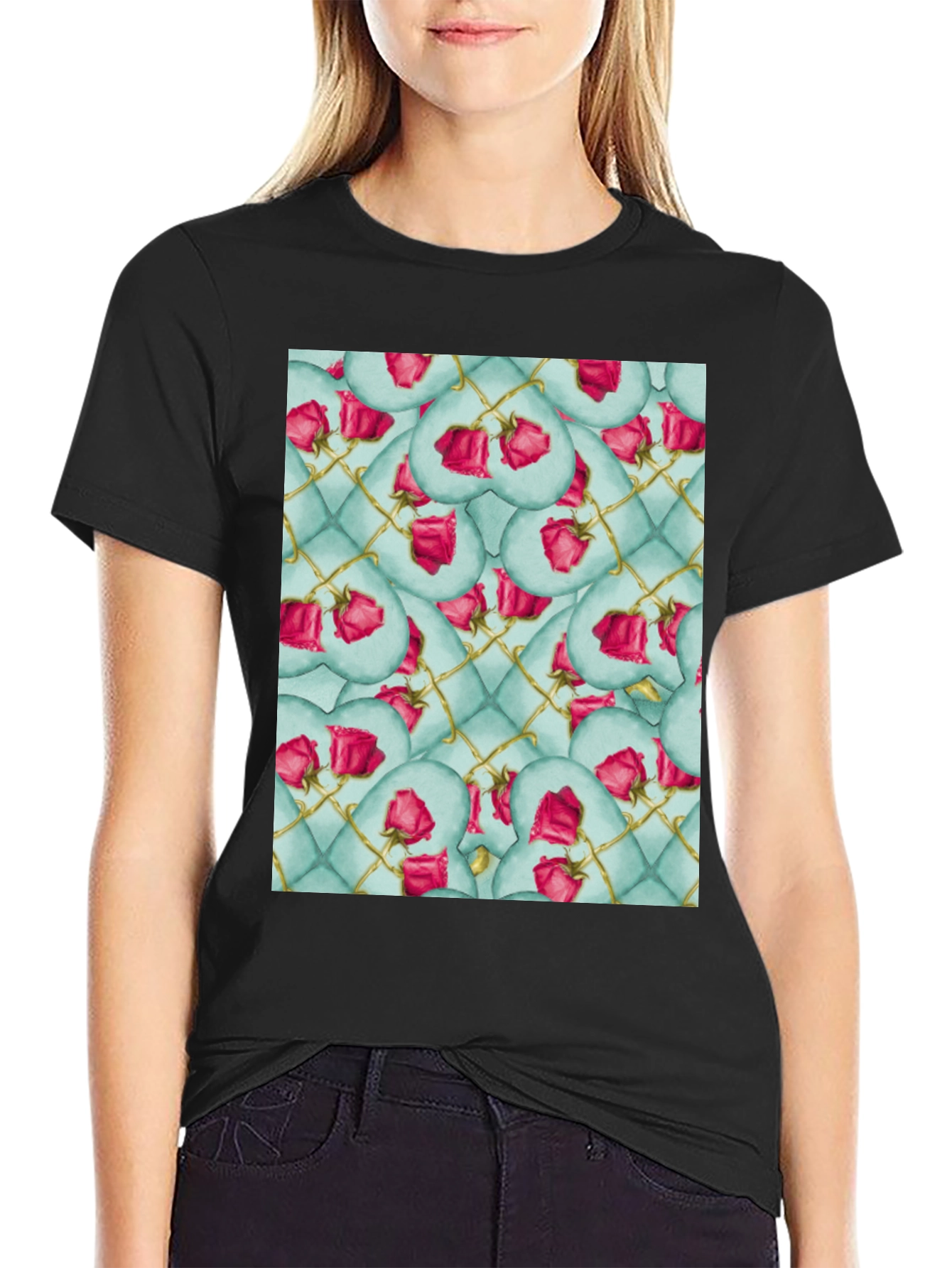 Black Rose Heart Quilted Pattern Tee view 2