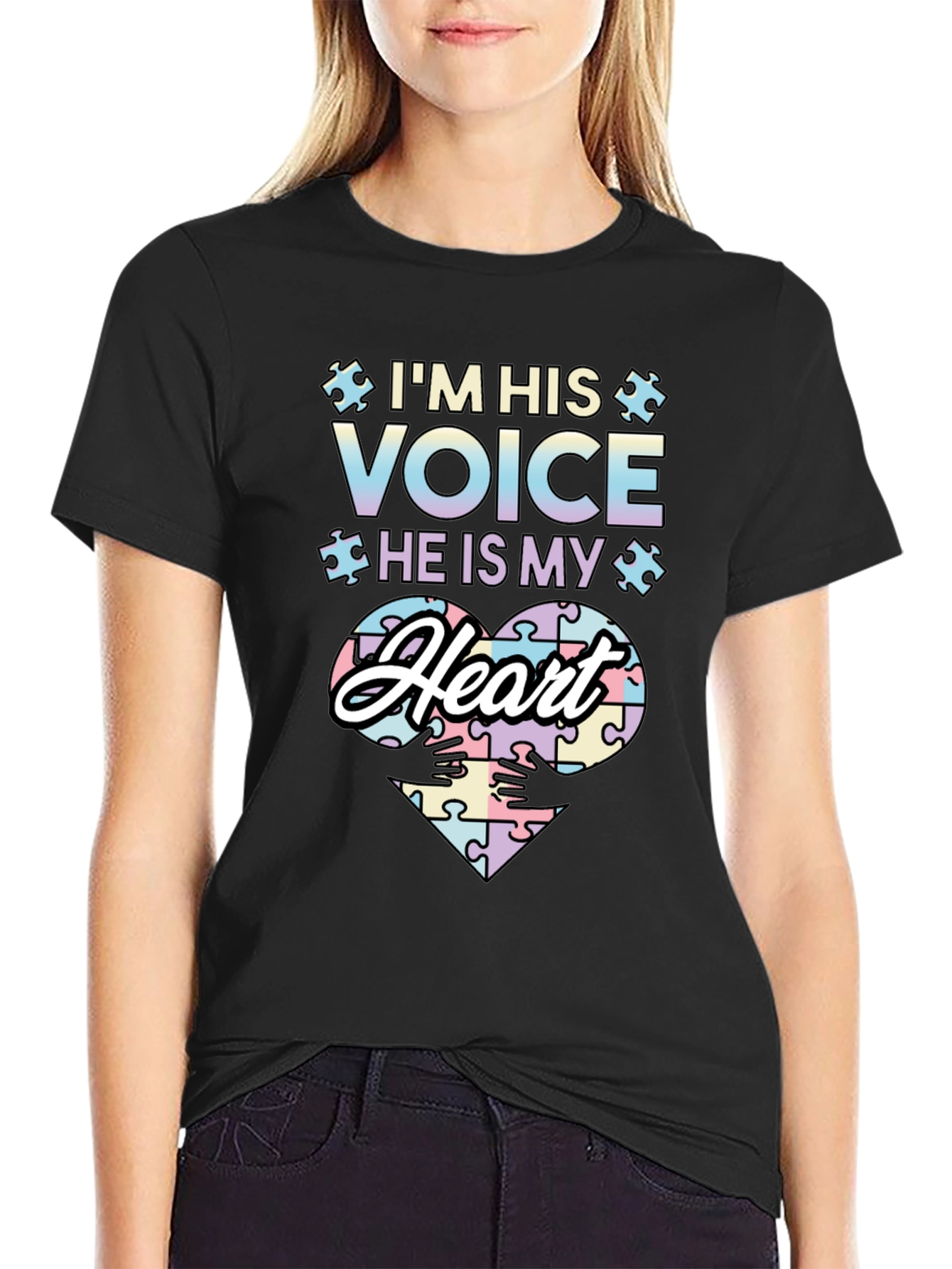 Black Autism Awareness T-Shirt I'm His Voice He Is My Heart view 2
