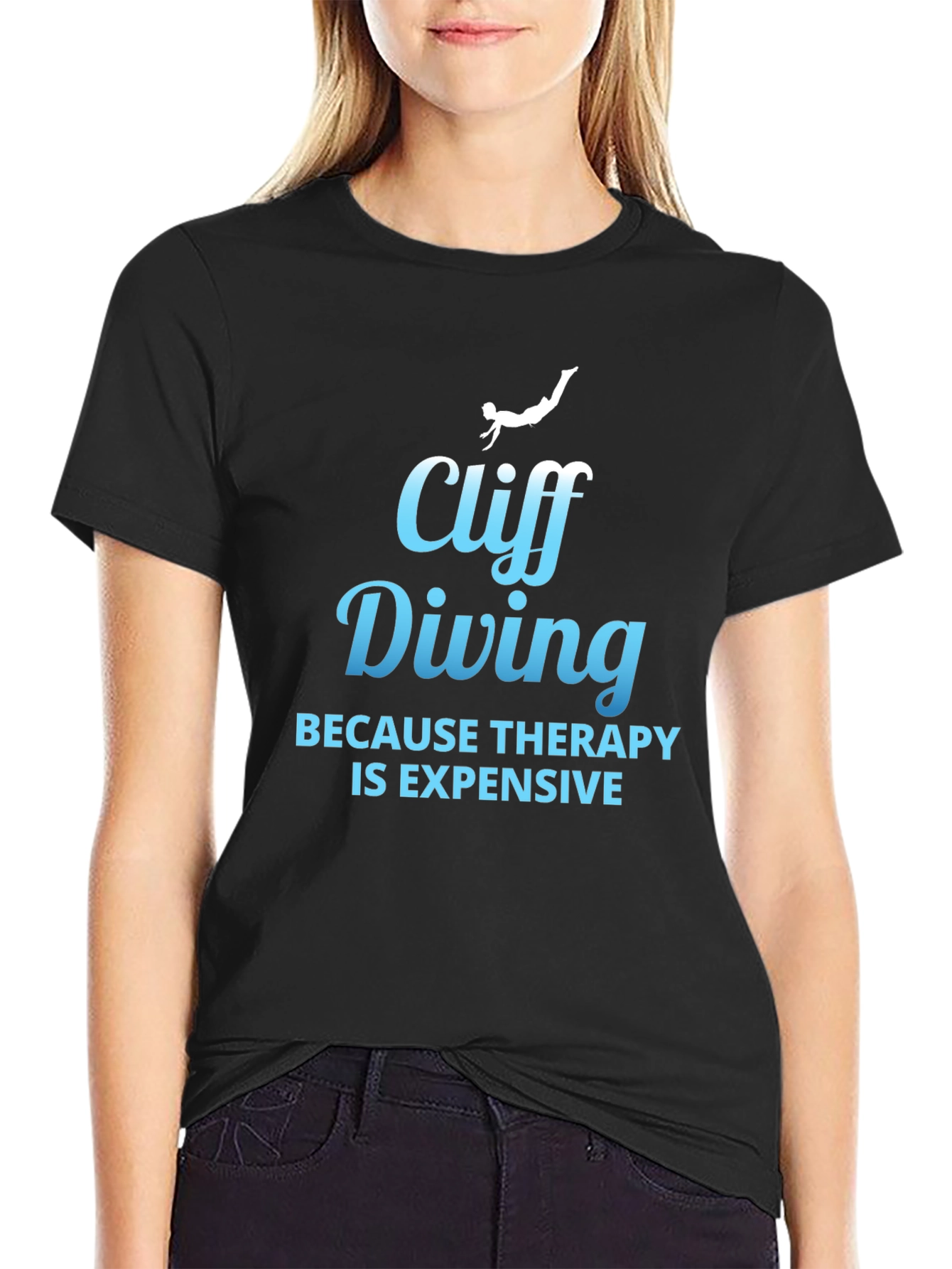 Black Cliff Diving Therapy Humor Graphic Tee view 2
