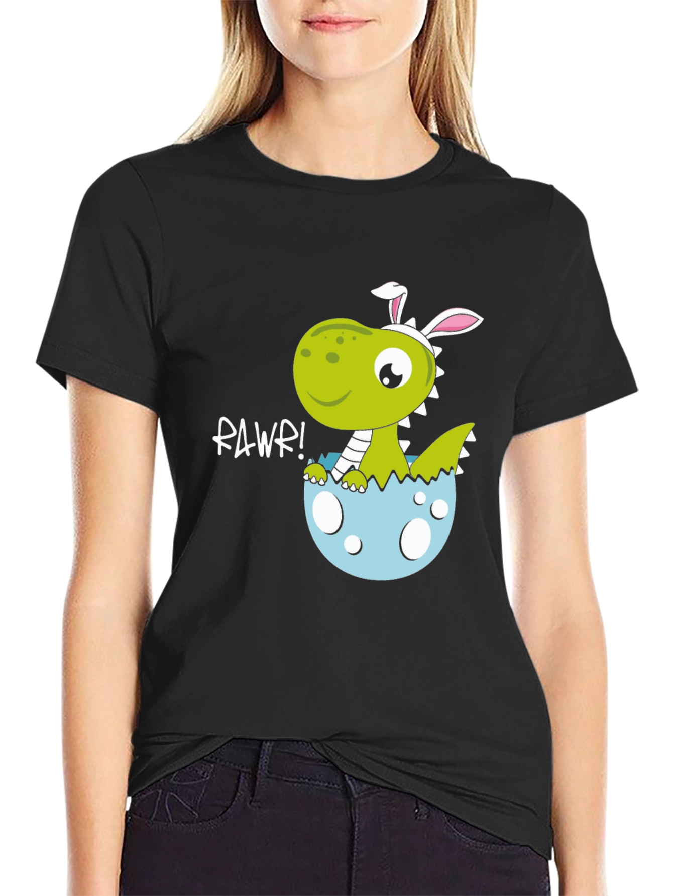 Black Dino Easter Egg T-Shirt - "Rawr!" Cute Design view 2