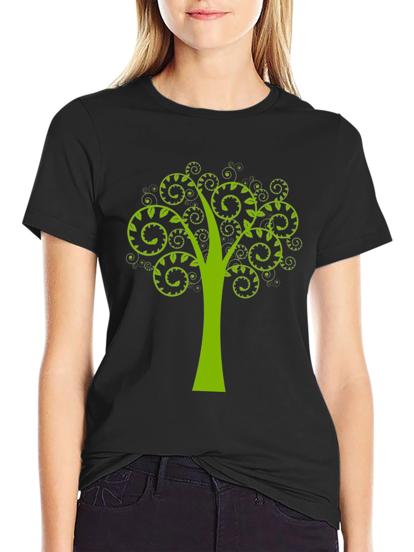 Black Green Tree Swirl Graphic Black T-Shirt view 2