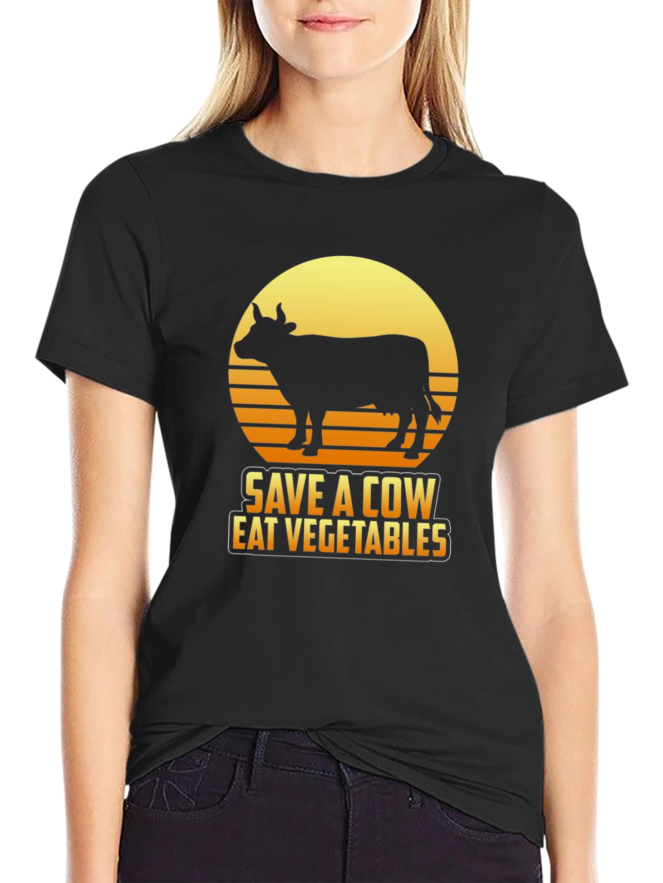 Black Save a Cow Eat Vegetables Graphic T-Shirt view 2