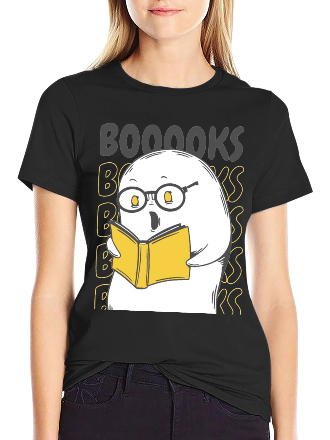 Black Funny Ghost Reading Book T-Shirt - BOOOOOKS! view 2