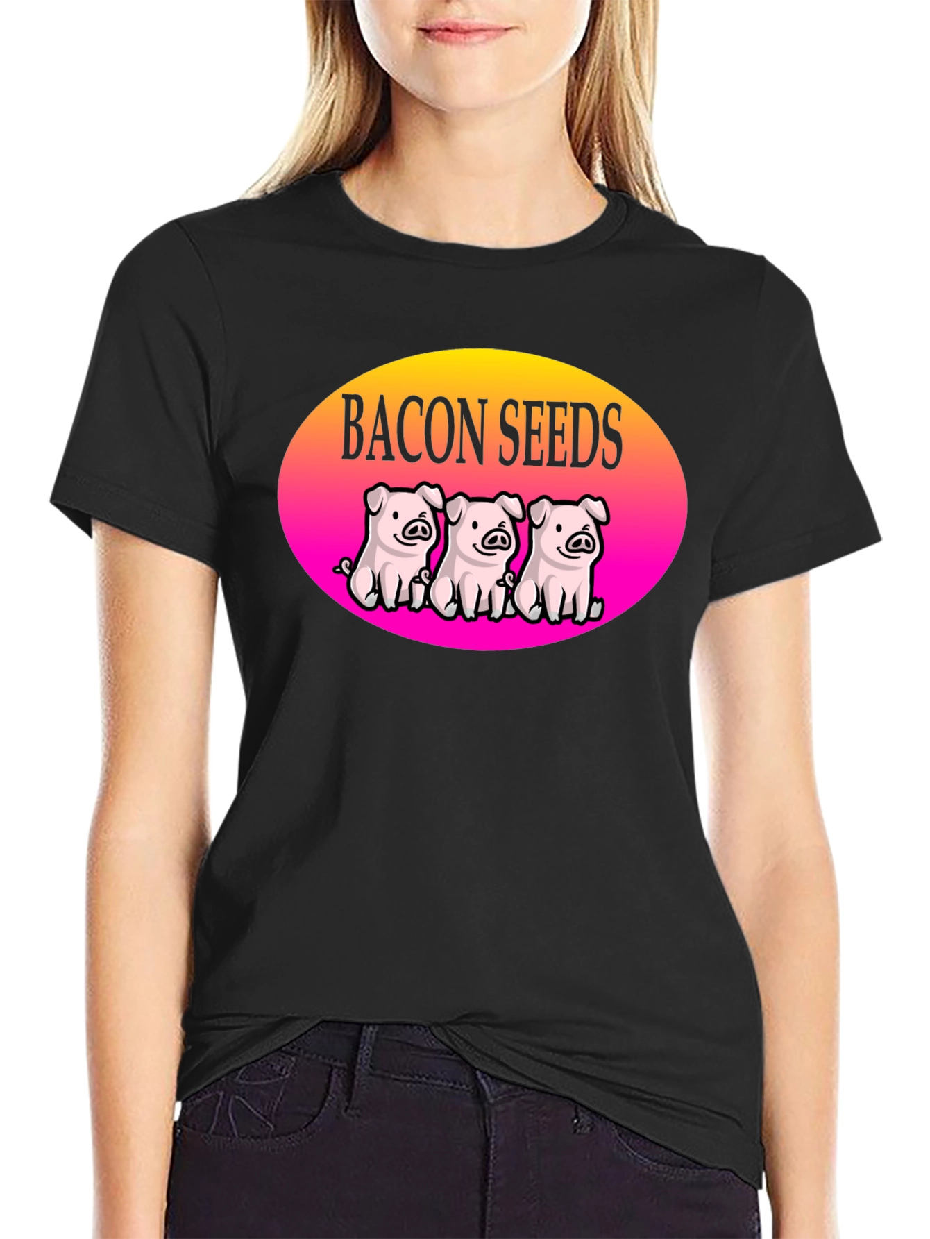 Black Bacon Seeds Pig T-Shirt - Cute Cartoon Design view 2