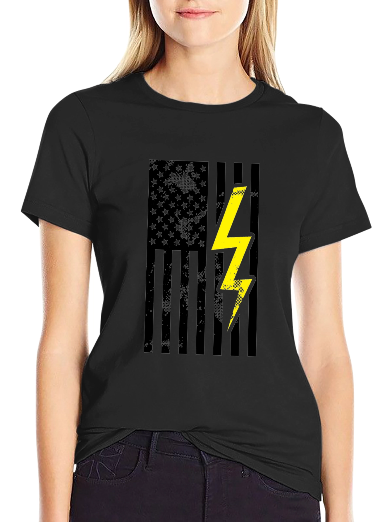 Black American Flag Lightning Bolt Graphic T-Shirt view 2
