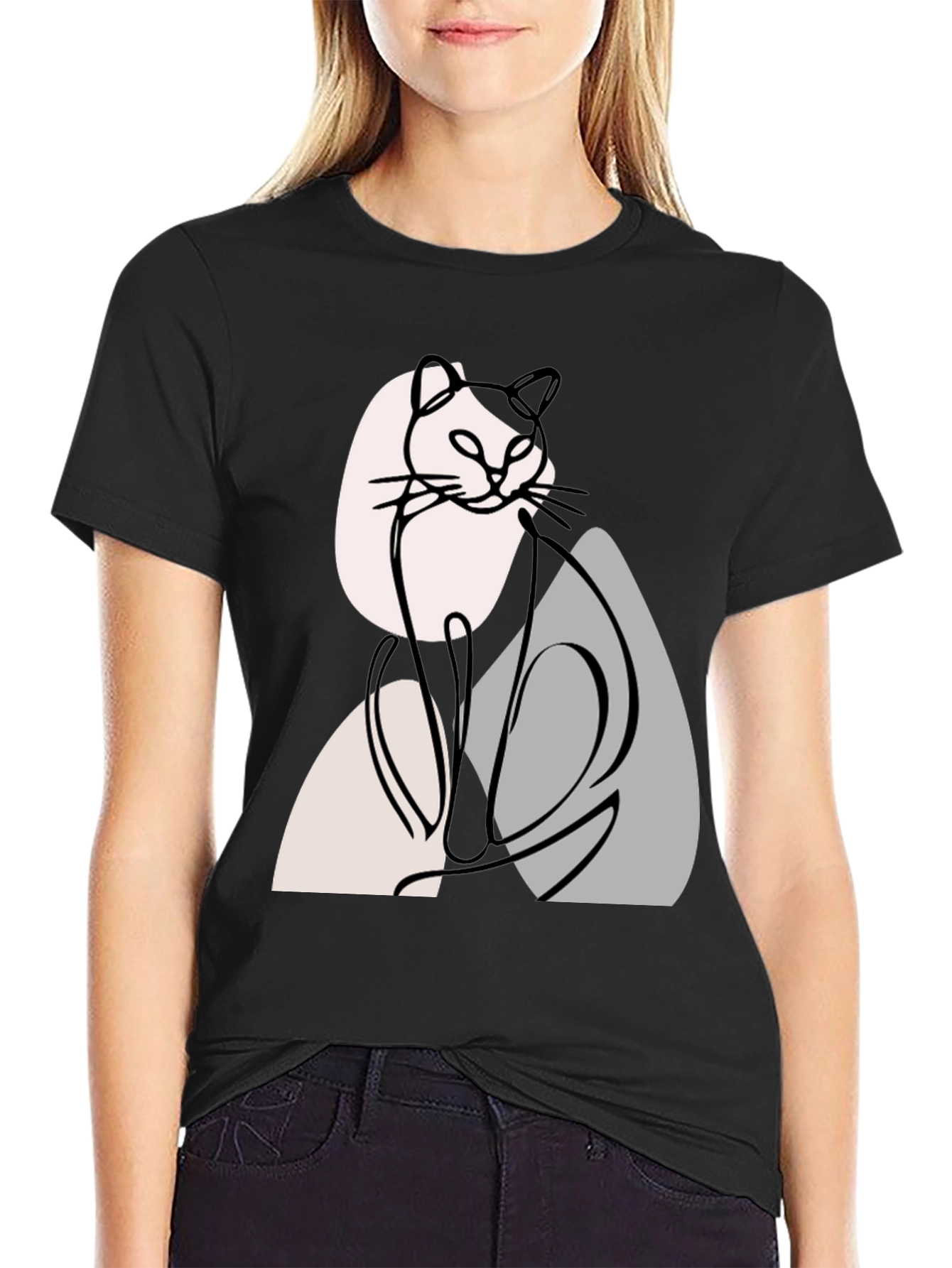 Black Abstract Cat Graphic Tee - Modern Line Art view 2
