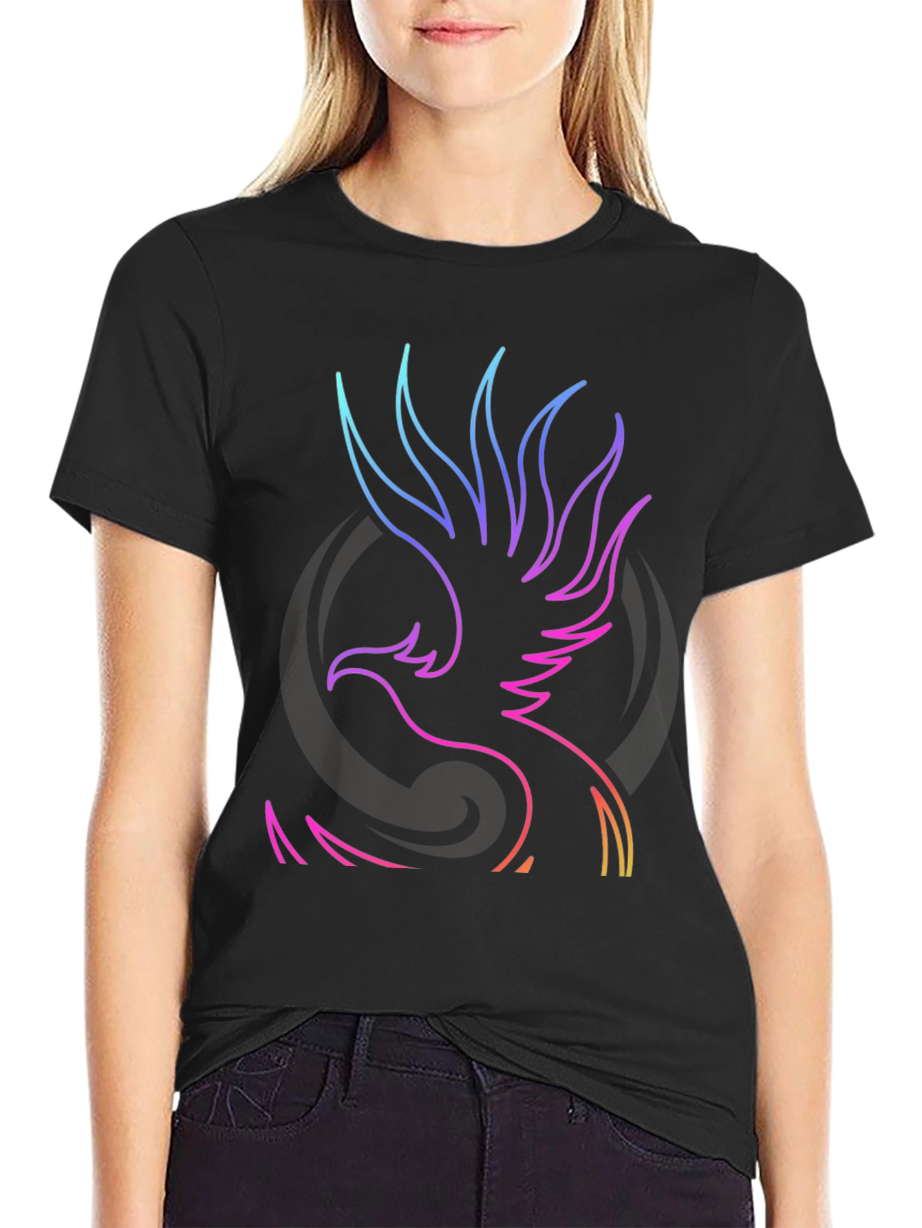 Black Neon Phoenix Graphic Black T-Shirt view 2