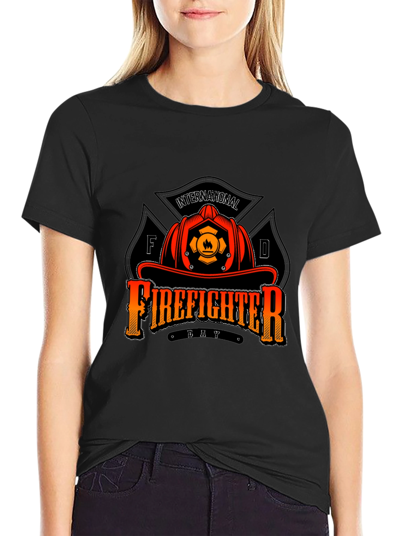 Black Firefighter Day T-Shirt - Black Crew Neck Tee view 2