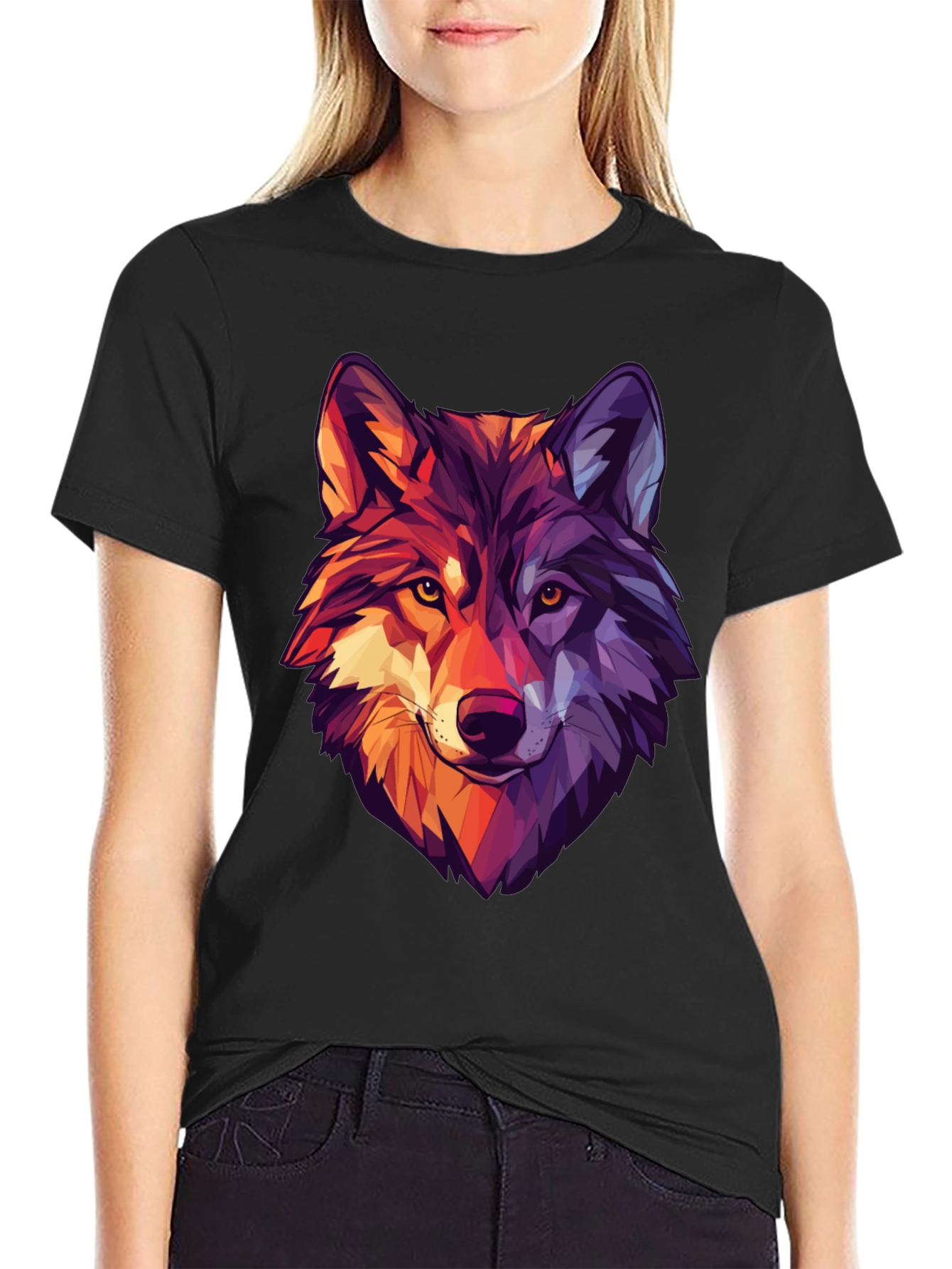 Black Geometric Wolf Graphic Print Black T-Shirt view 2