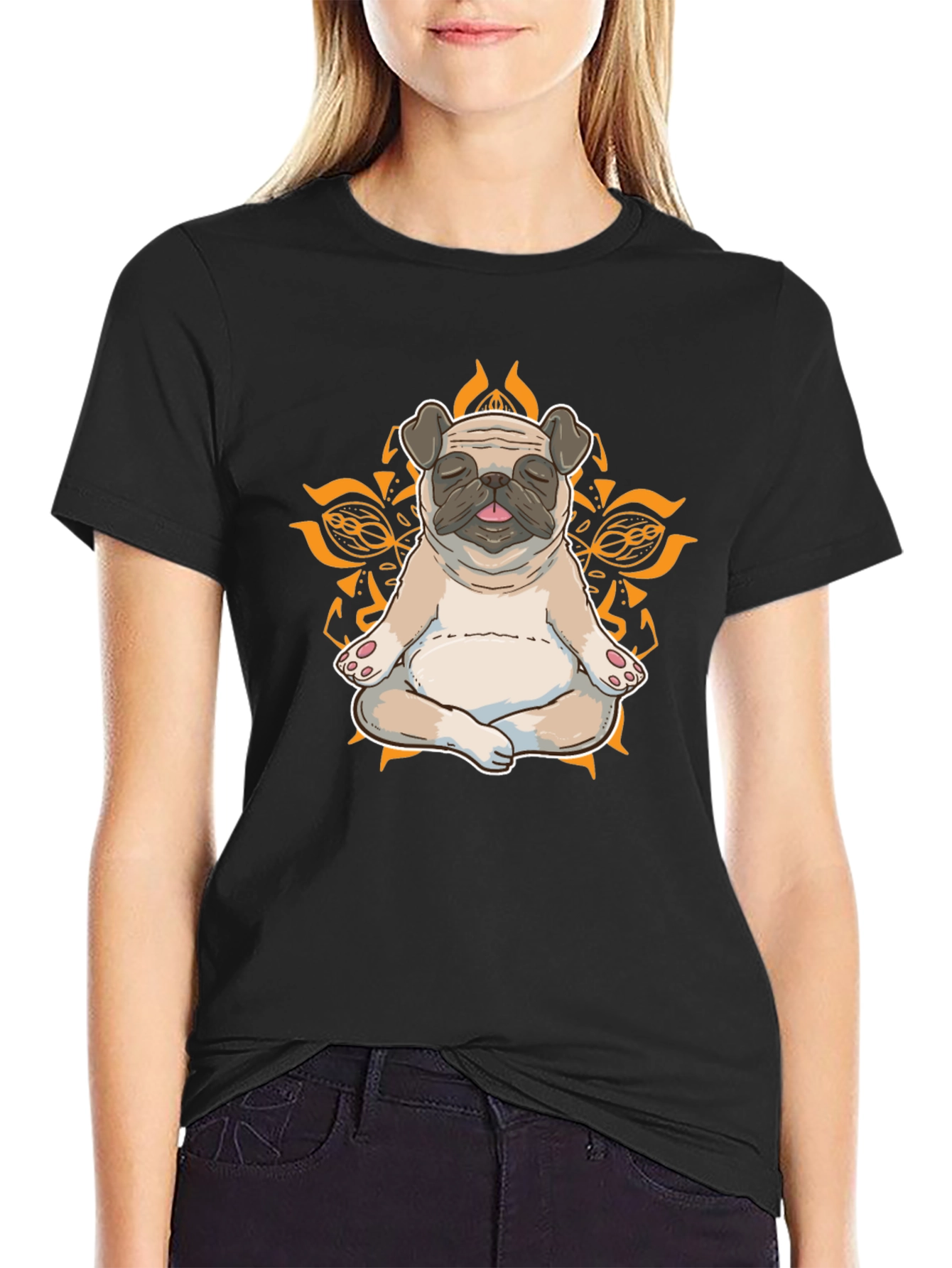 Black Zen Pug Graphic Tee - Meditating Dog Shirt view 2