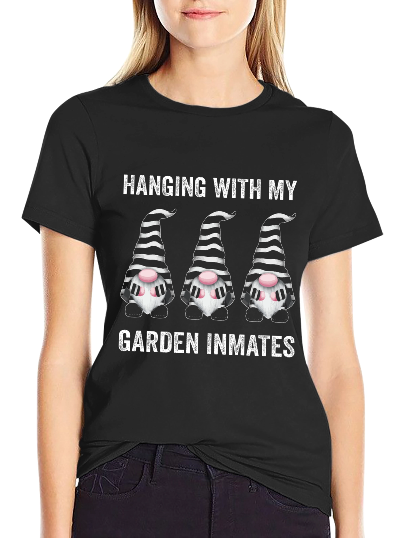 Black Funny Garden Gnome T-Shirt: Hanging With My Garden Inmates view 2