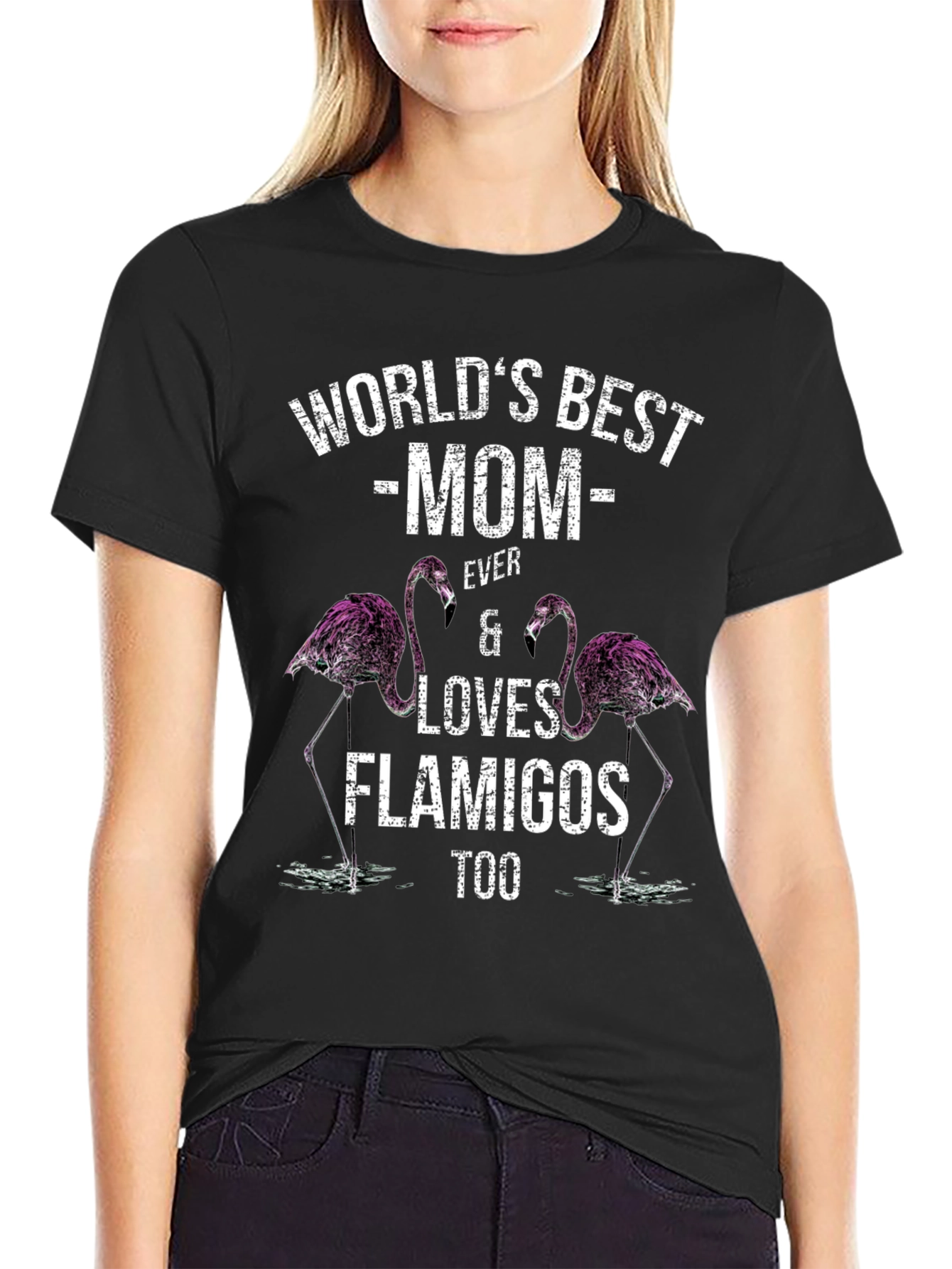 Black World's Best Mom Flamingo Graphic T-Shirt view 2