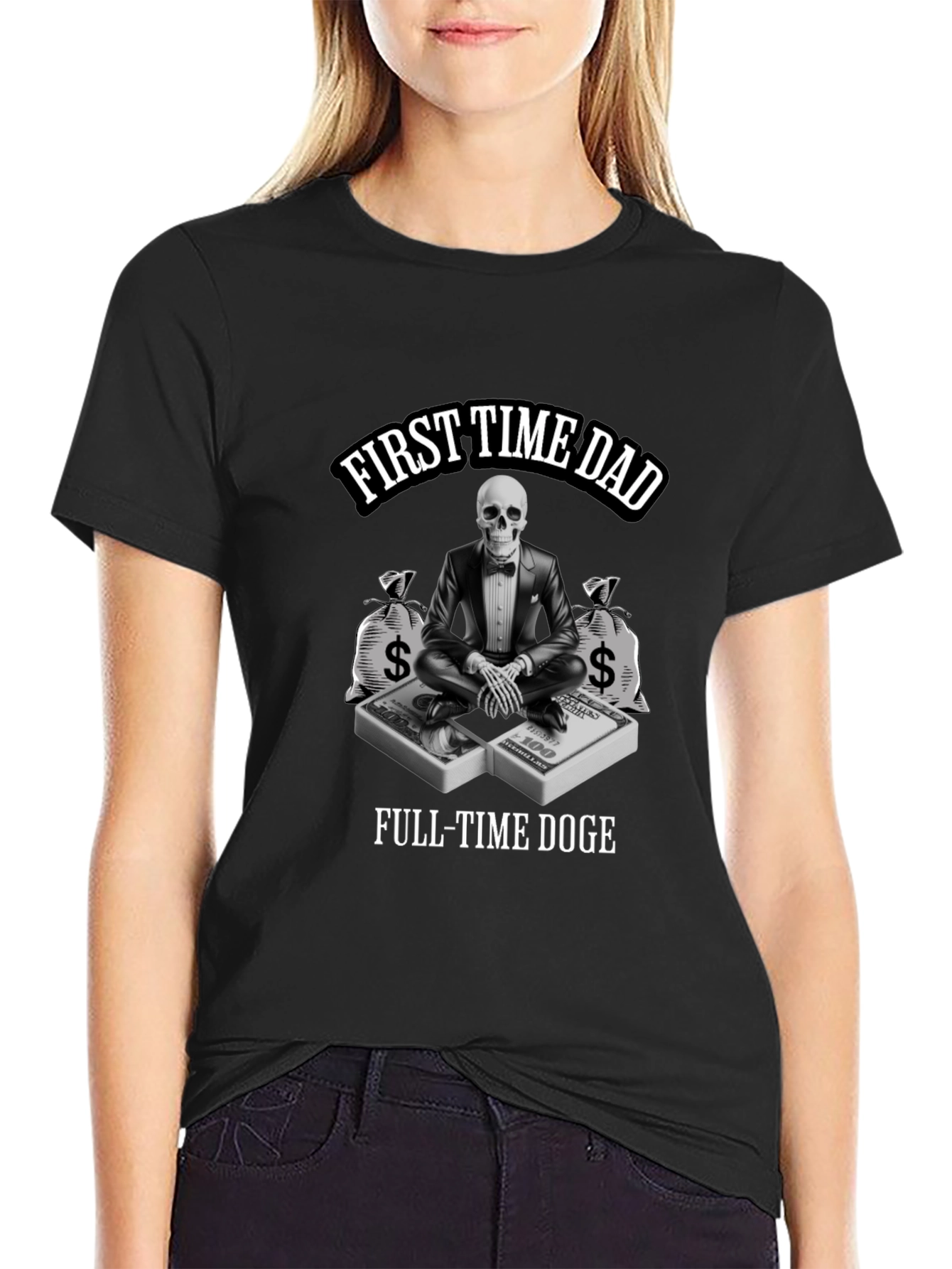 Black First Time Dad Full-Time Doge T-Shirt view 2