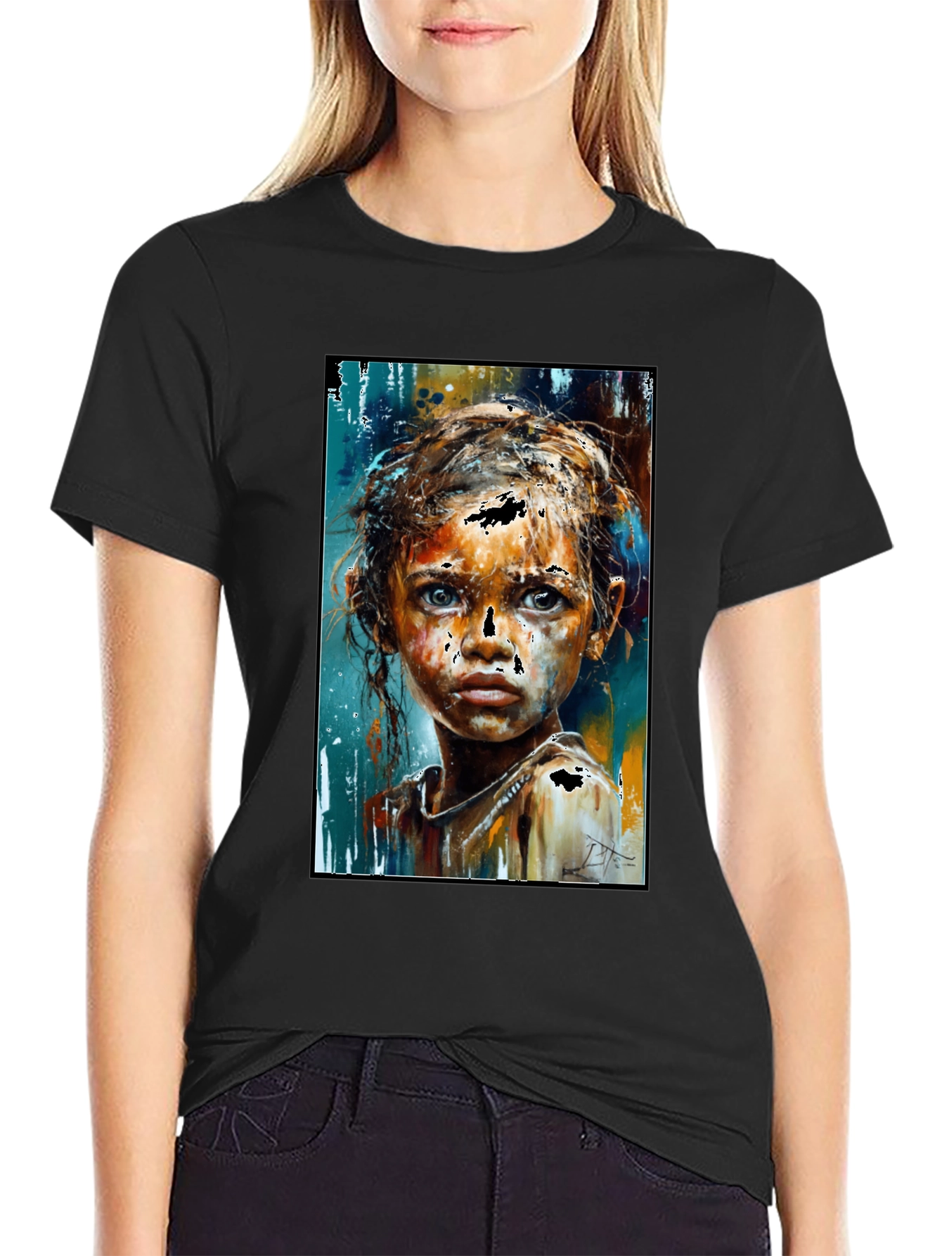 Black Expressive Portrait Graphic Black T-Shirt view 2