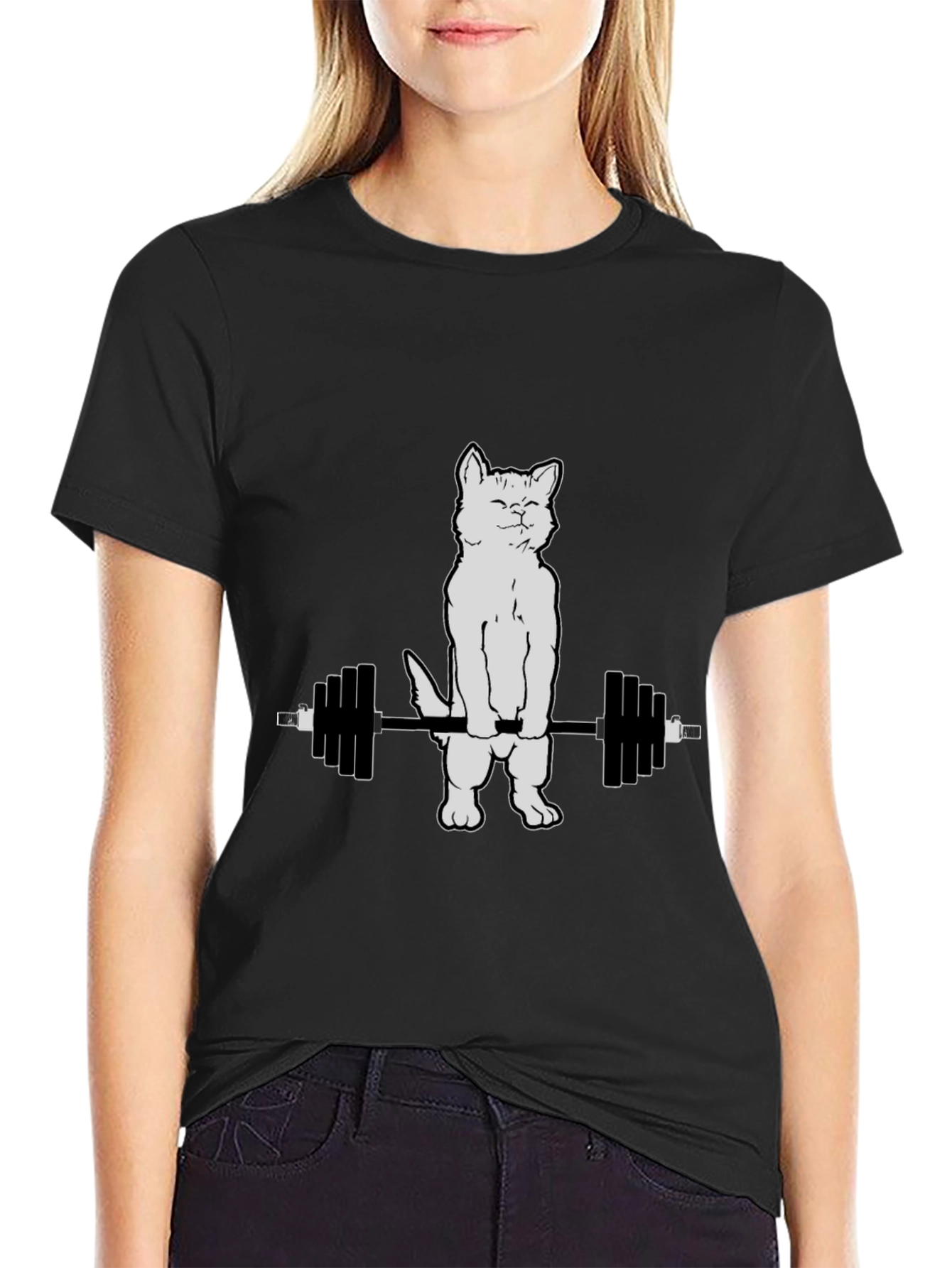 Black Cat Lifting Weights Graphic T-Shirt - Black view 2