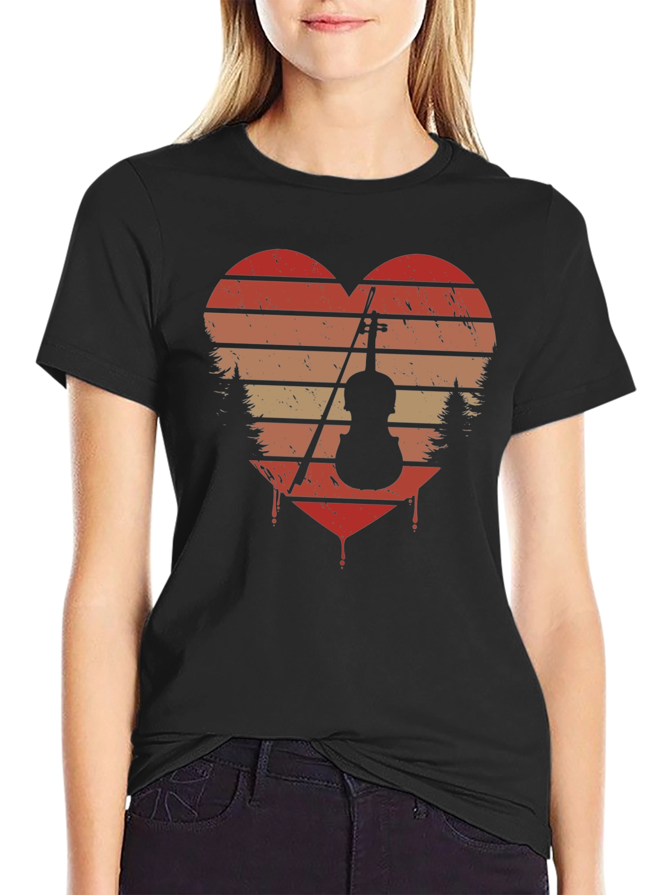 Black Vintage Violin Heart T-Shirt - Music Lover Tee view 2