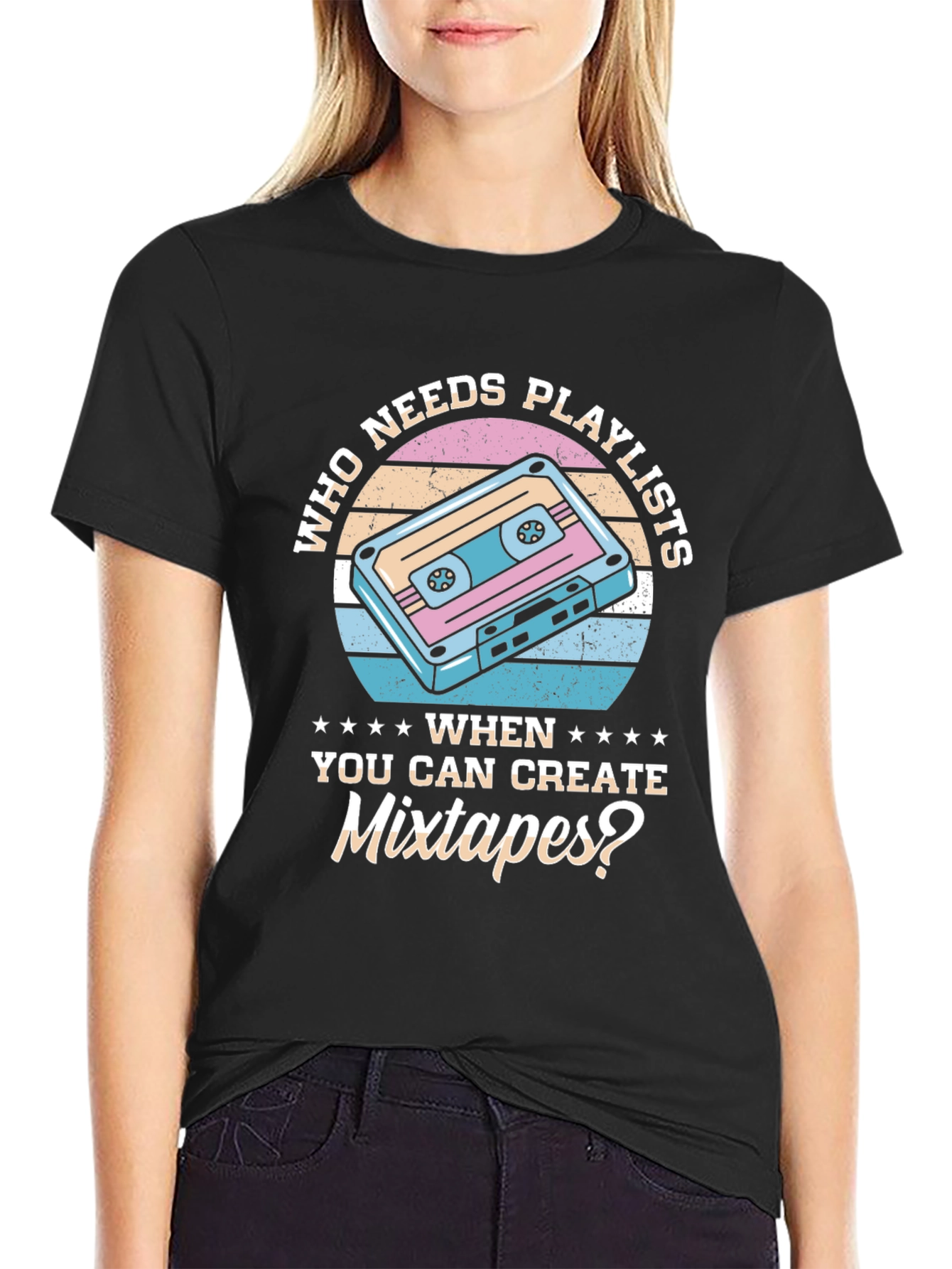 Black Retro Mixtape T-Shirt - Who Needs Playlists? view 2