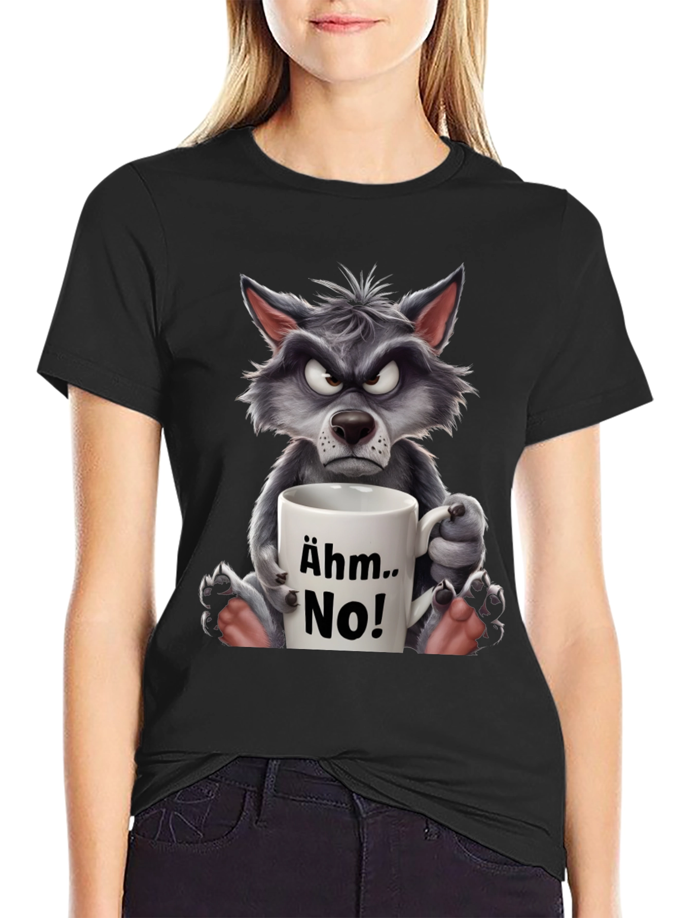 Black Grumpy Wolf "Ähm.. No!" T-Shirt - Express Your Mood! view 2