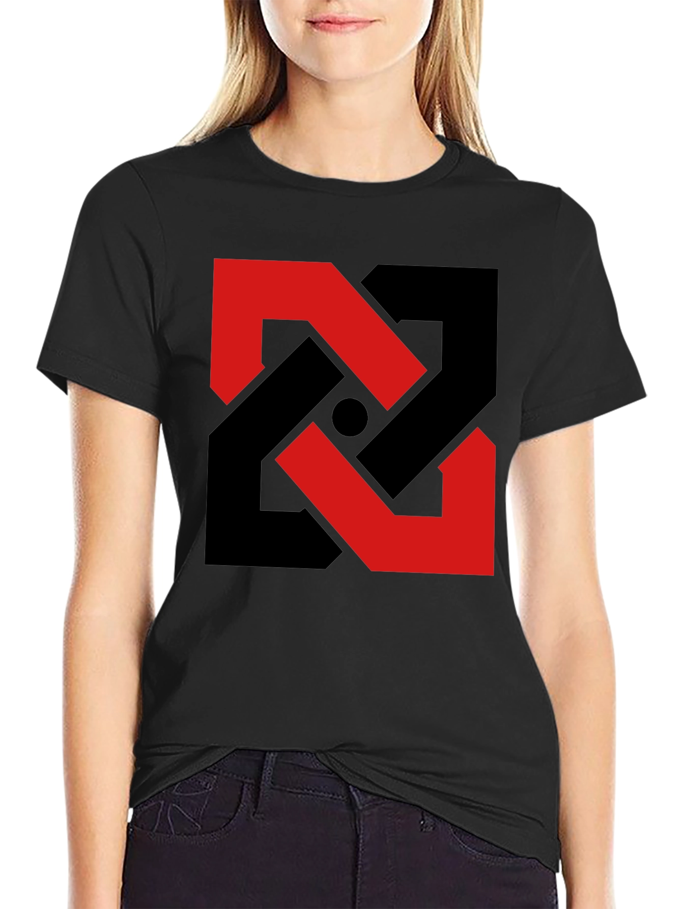 Black Abstract Geometric T-Shirt - Red & Black Design view 2