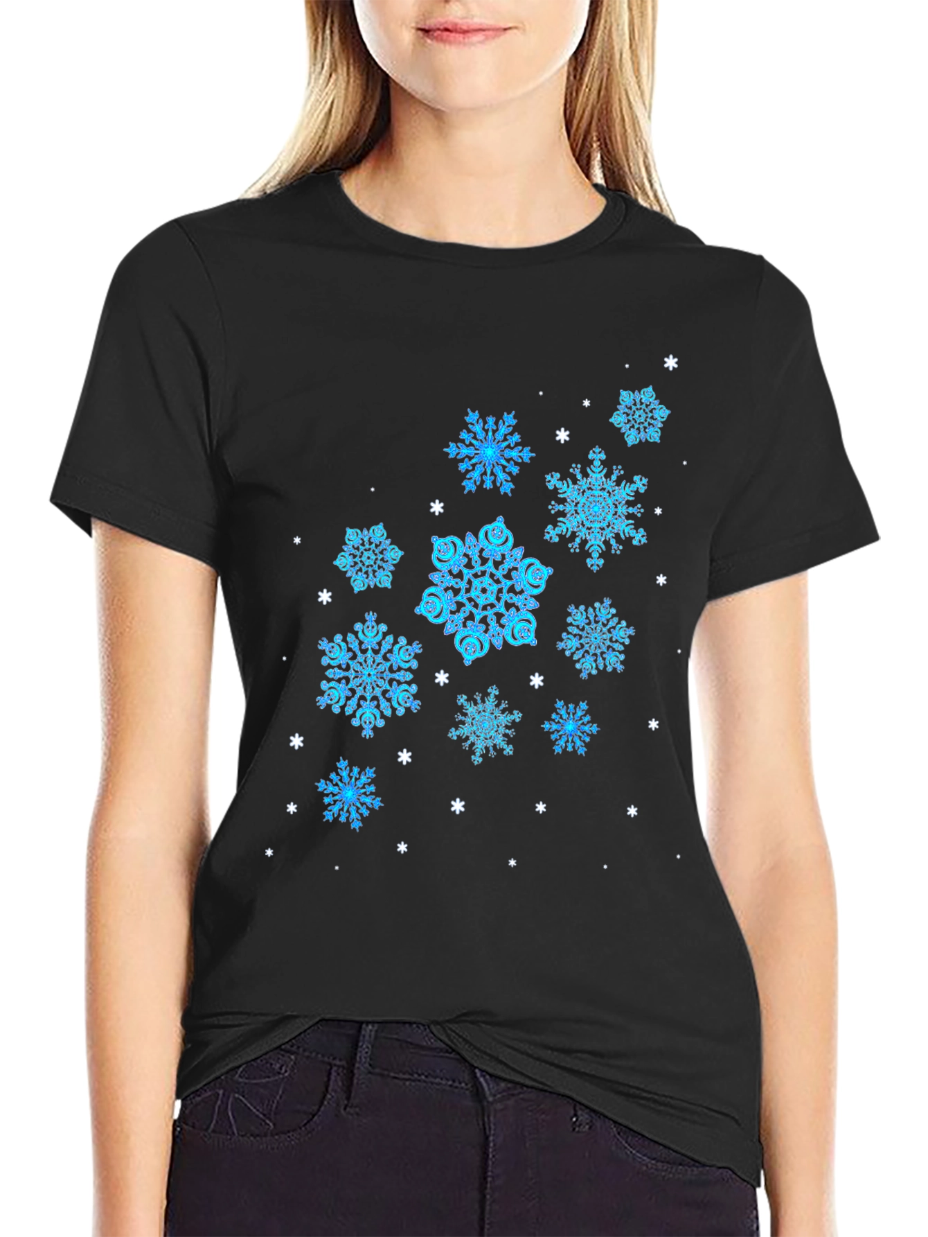 Black Snowflake Pattern Black T-Shirt view 2