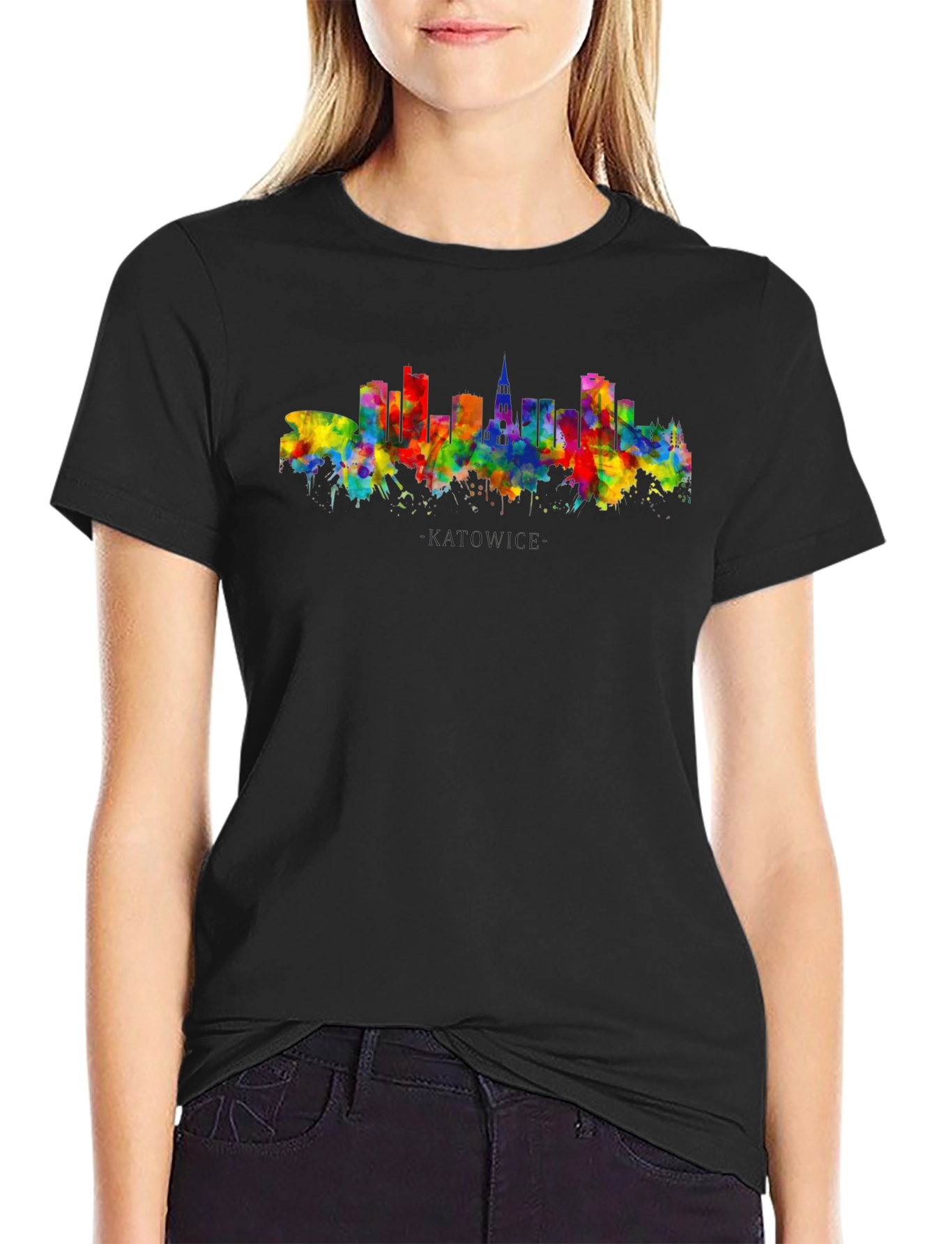 Black Watercolor Cityscape Graphic Tee - Modern Black T-Shirt view 2