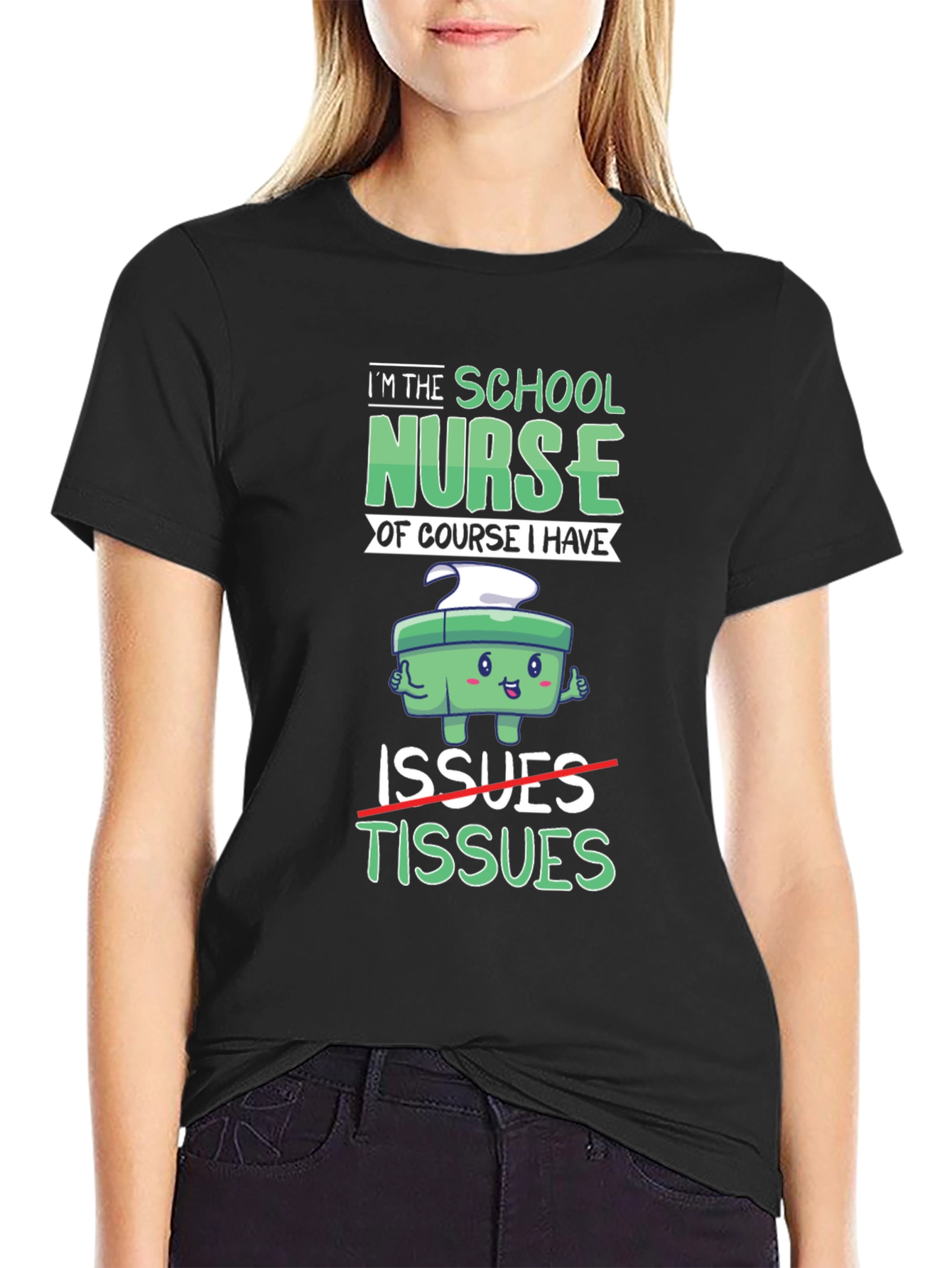 Black School Nurse Humor T-Shirt: Issues & Tissues Graphic Tee view 2
