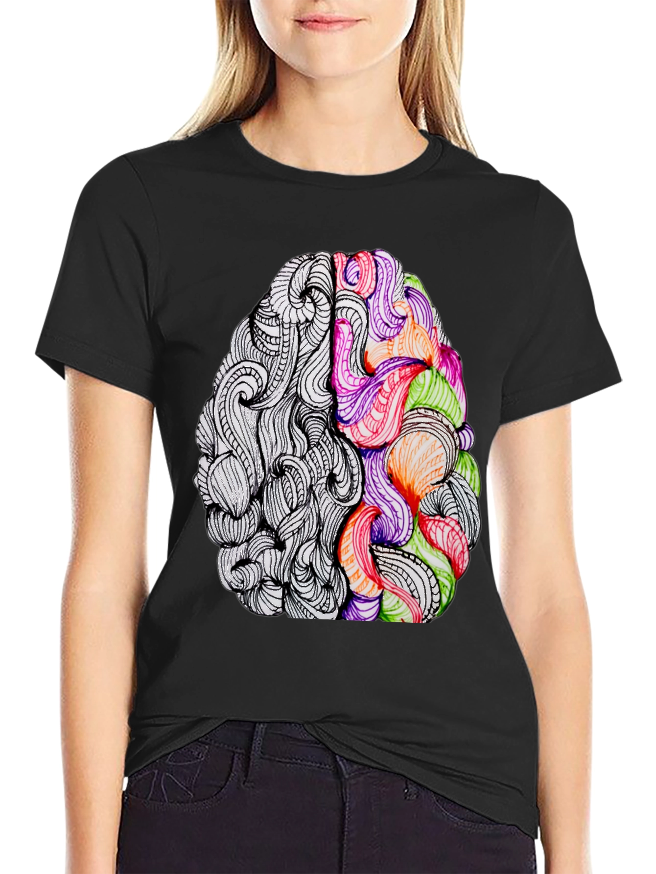 Black Brain Art Graphic Tee - Creative Thinking T-Shirt view 2