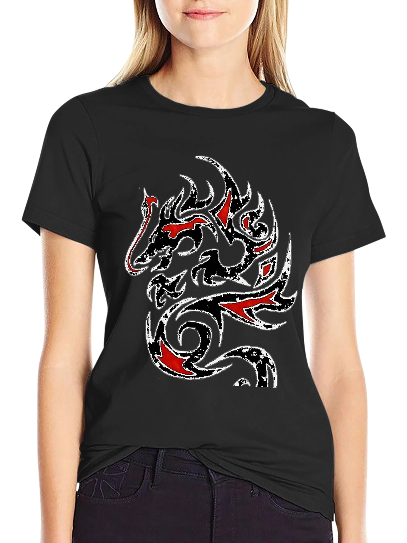 Black Tribal Dragon Graphic T-Shirt - Black view 2