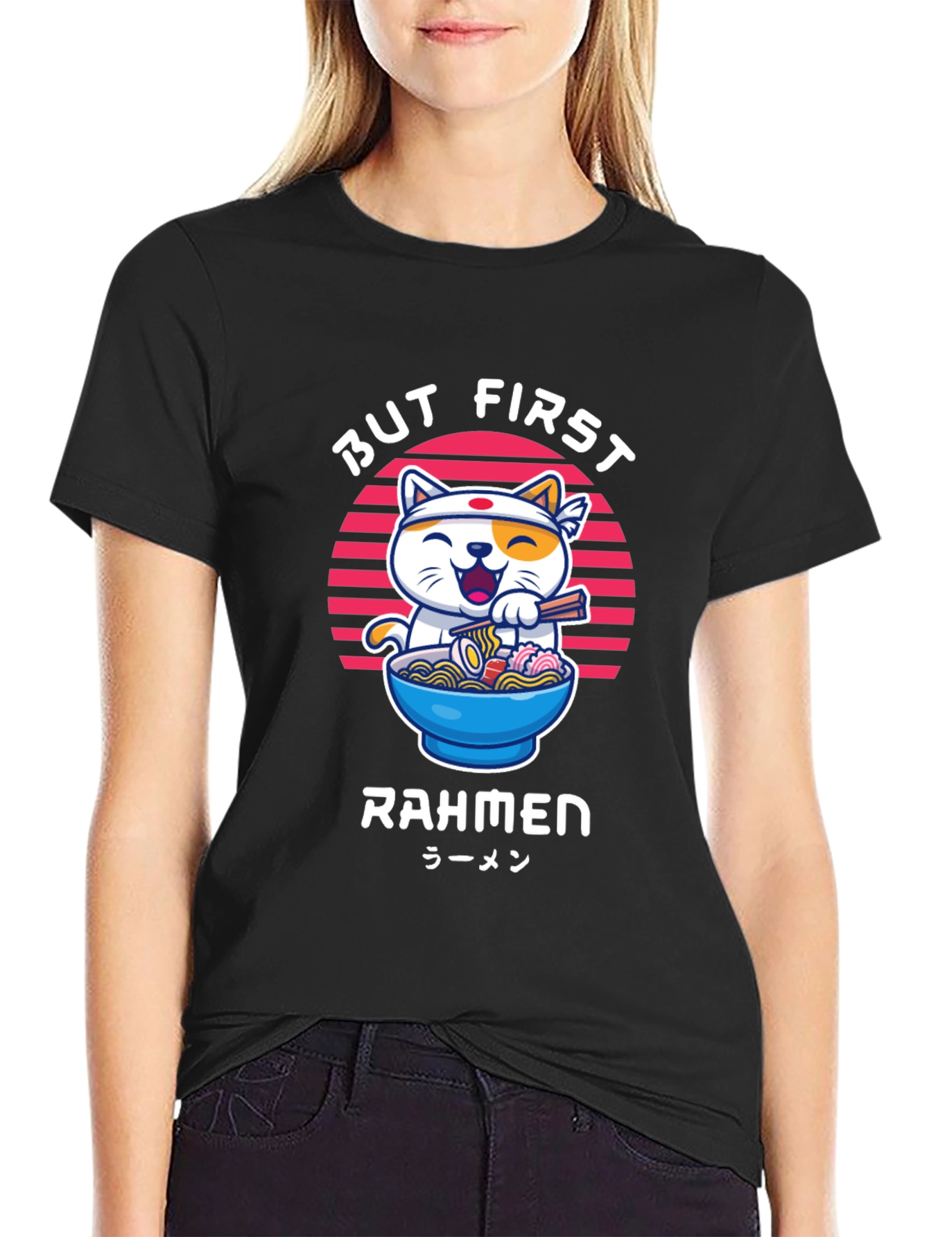 Black But First Rahmen Cat Graphic T-Shirt view 2
