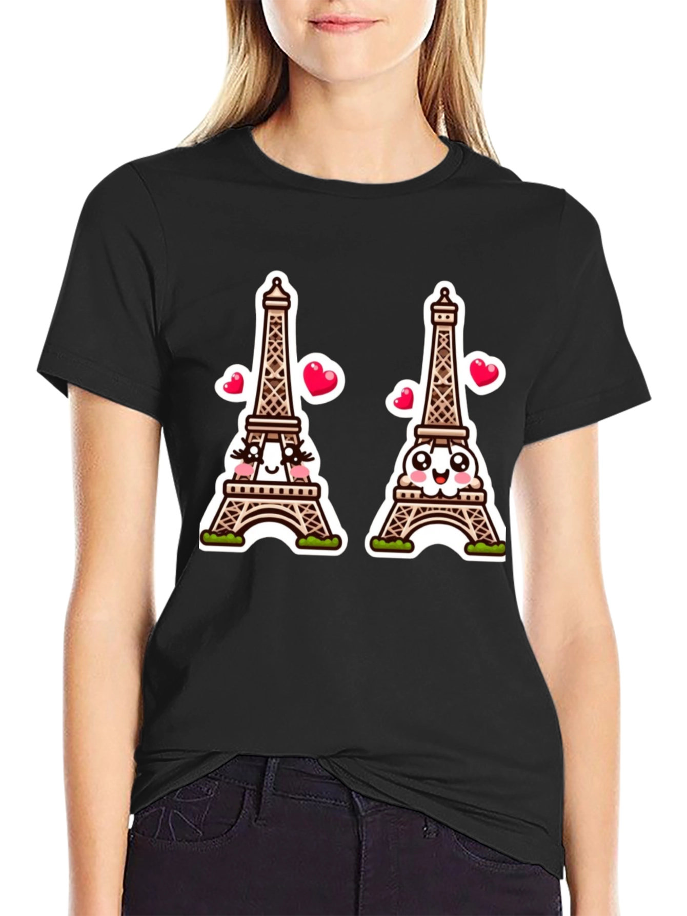 Black Parisian Love T-Shirt, Eiffel Tower Cartoon view 2