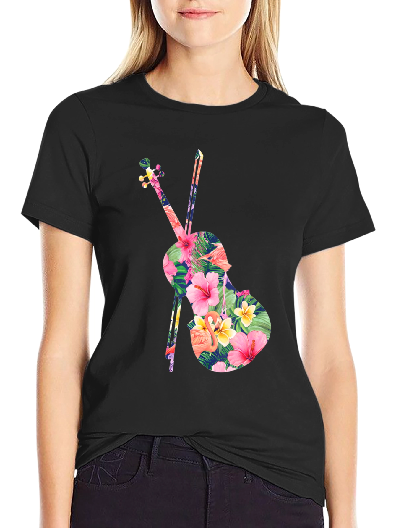 Black Floral Violin Graphic Tee - Tropical Music Lover Shirt view 2