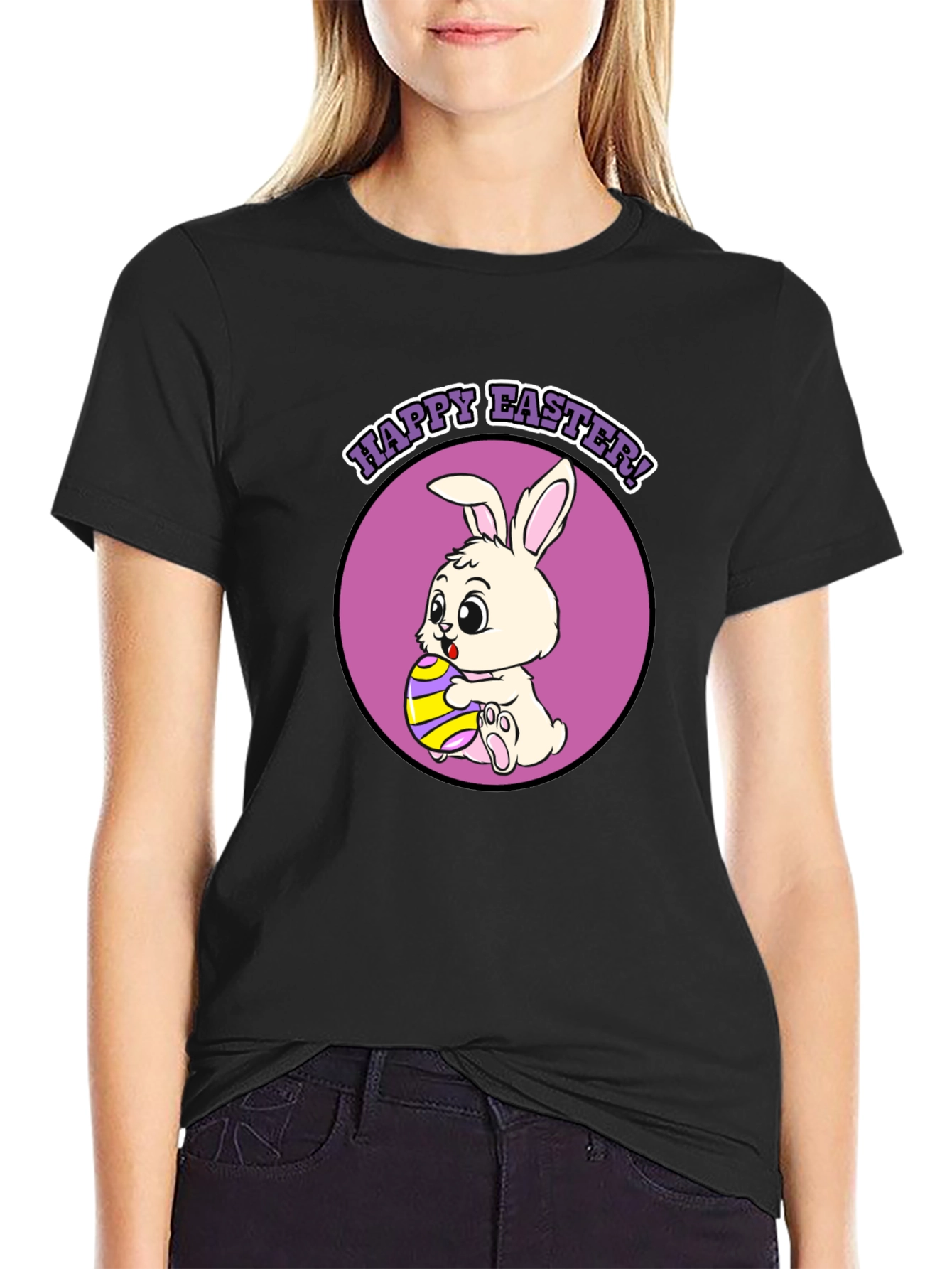 Black Happy Easter Bunny T-Shirt - Cute Holiday Tee view 2