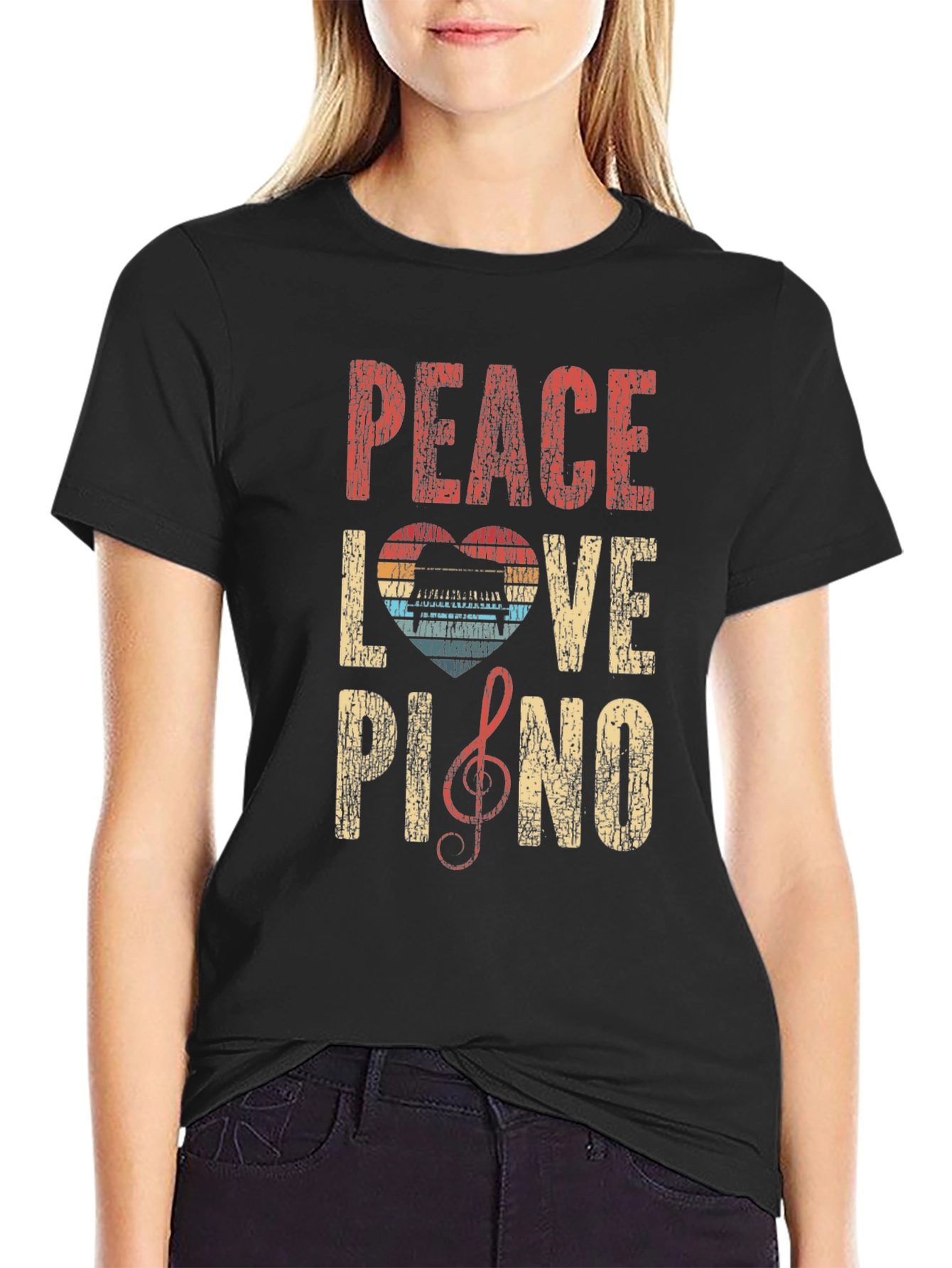 Black Peace Love Piano Graphic T-Shirt - Music Lover Tee view 2