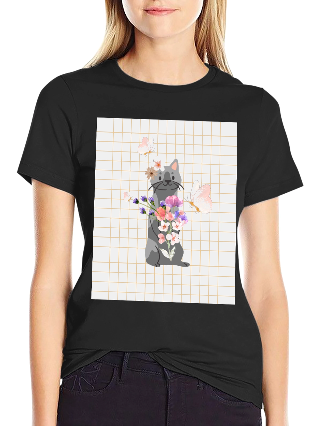 Black Cute Cat with Flowers Graphic T-Shirt view 2