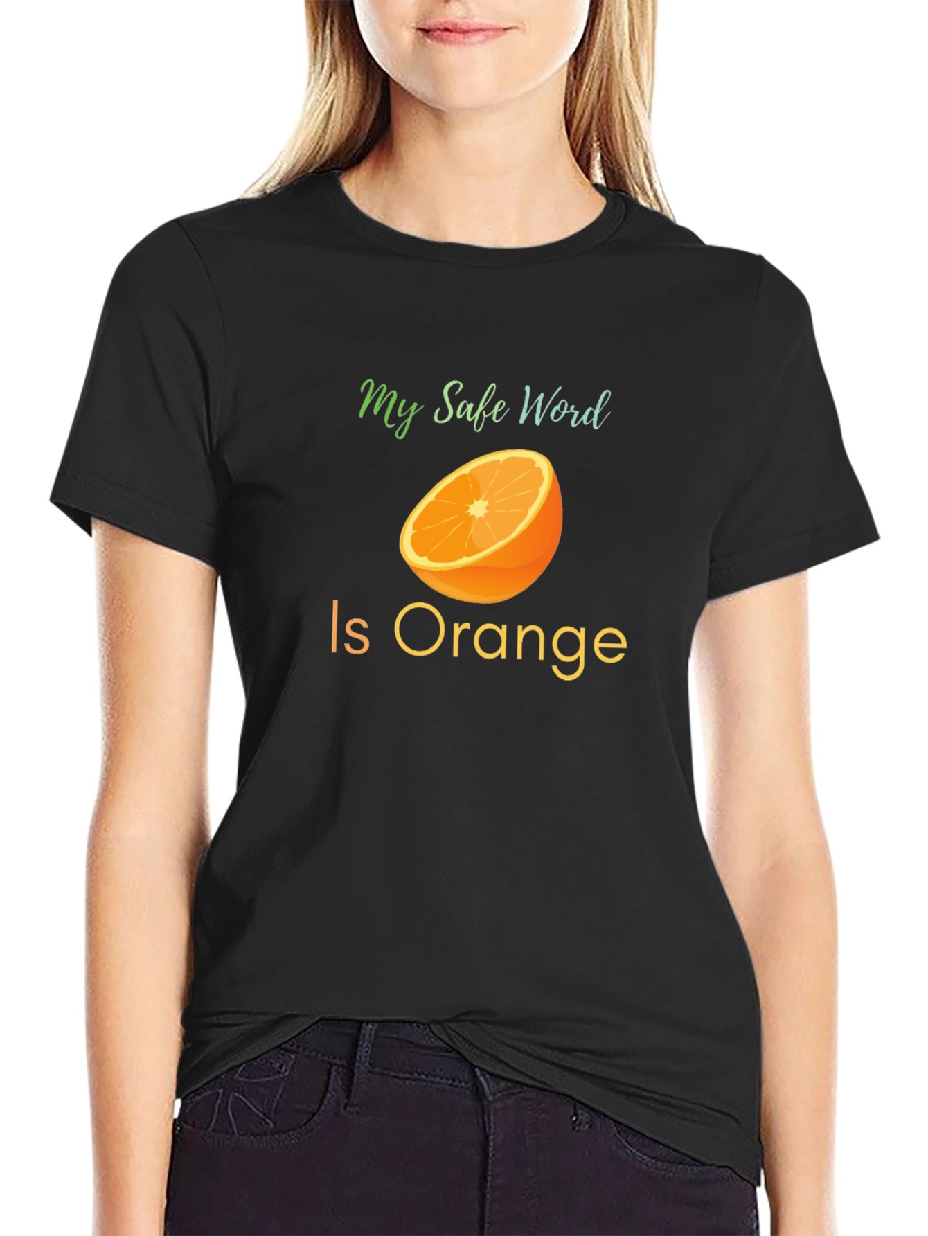 Black Safe Word Orange T-Shirt - Funny Fruit Design view 2