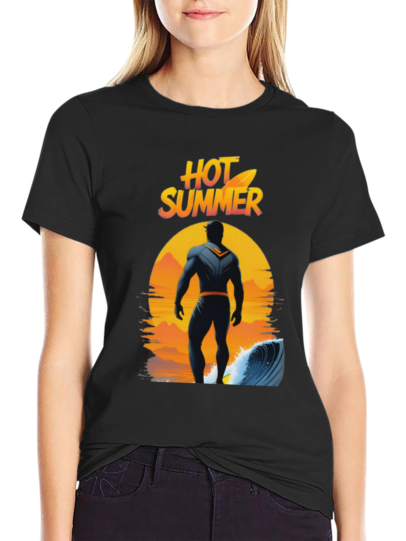 Black Hot Summer Surfer Graphic Tee - Black Cotton T-Shirt view 2