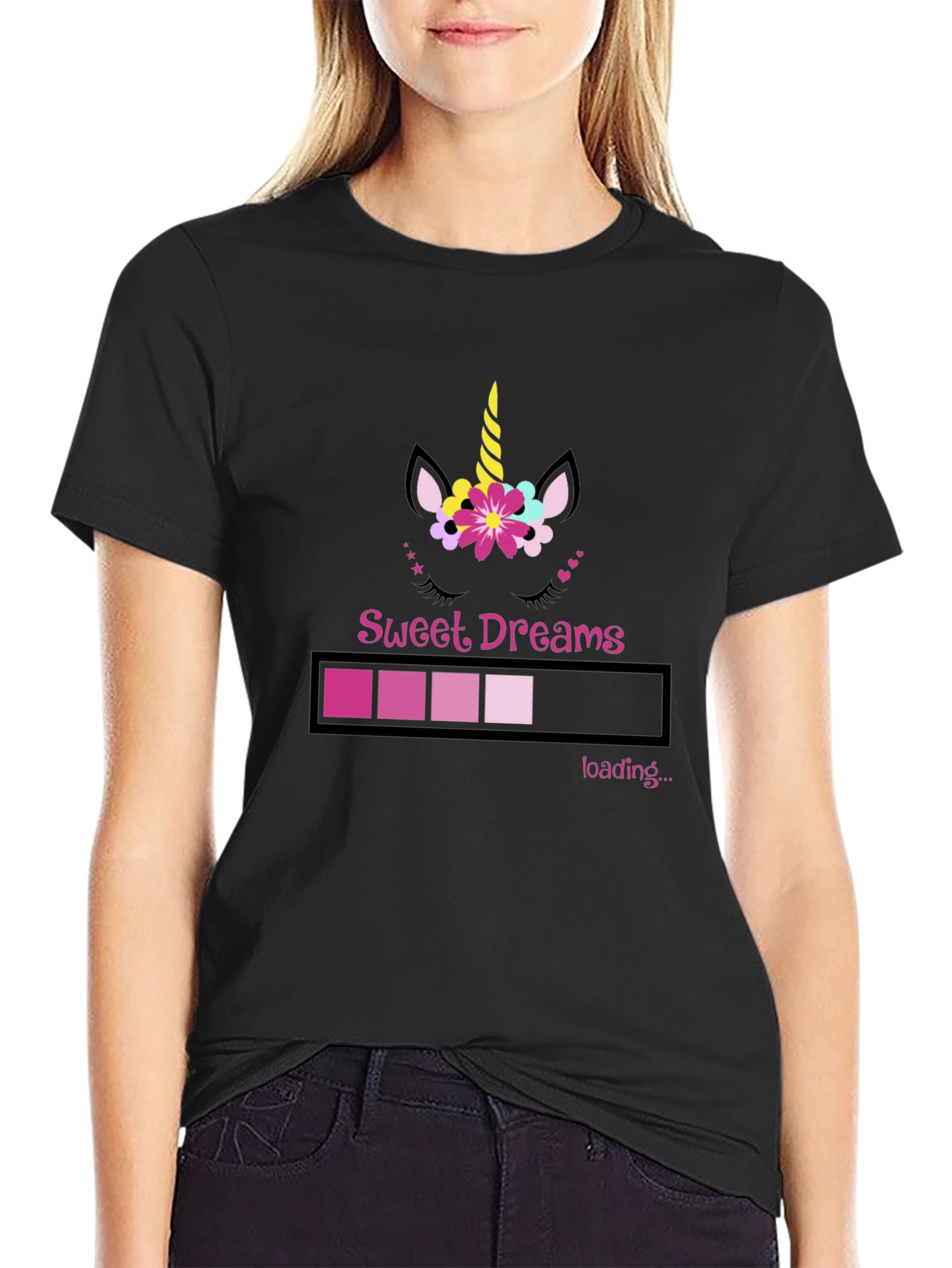 Black Sweet Dreams Unicorn Loading Bar Black T-Shirt view 2