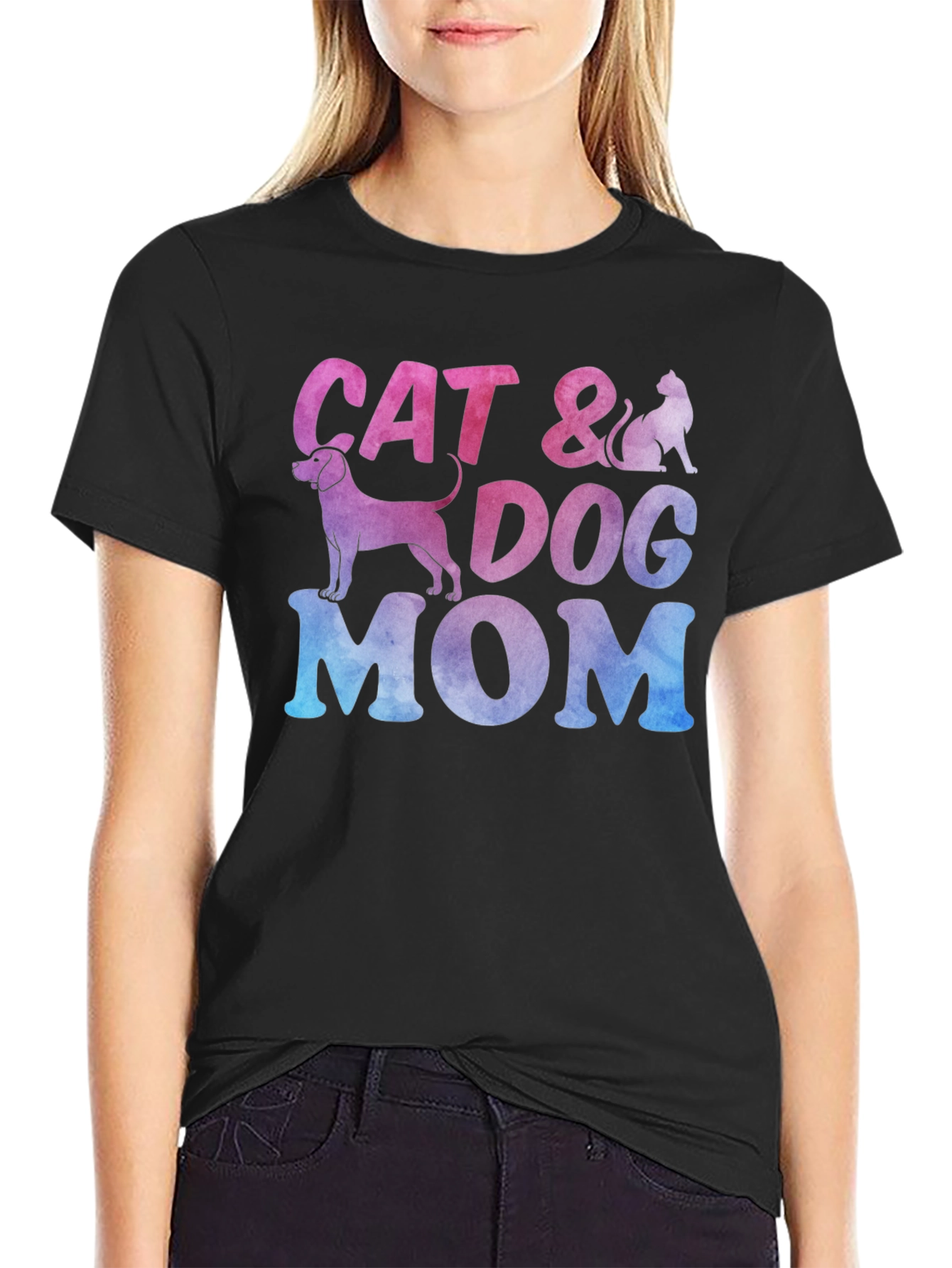 Black Cat & Dog Mom Graphic T-Shirt - Unisex Crew Neck view 2