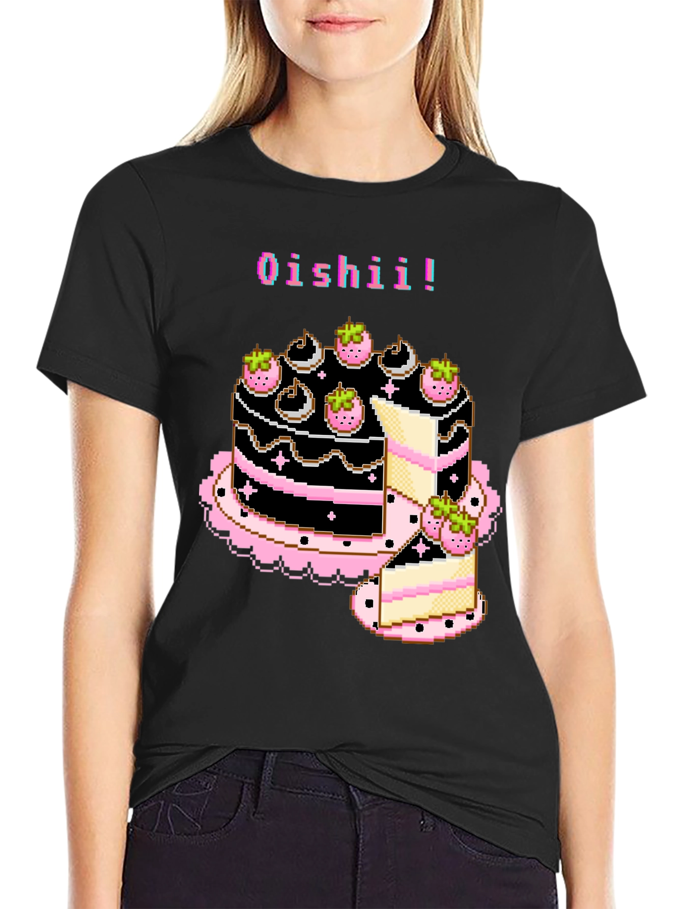 Black Pixel Art Oishii Cake T-Shirt view 2